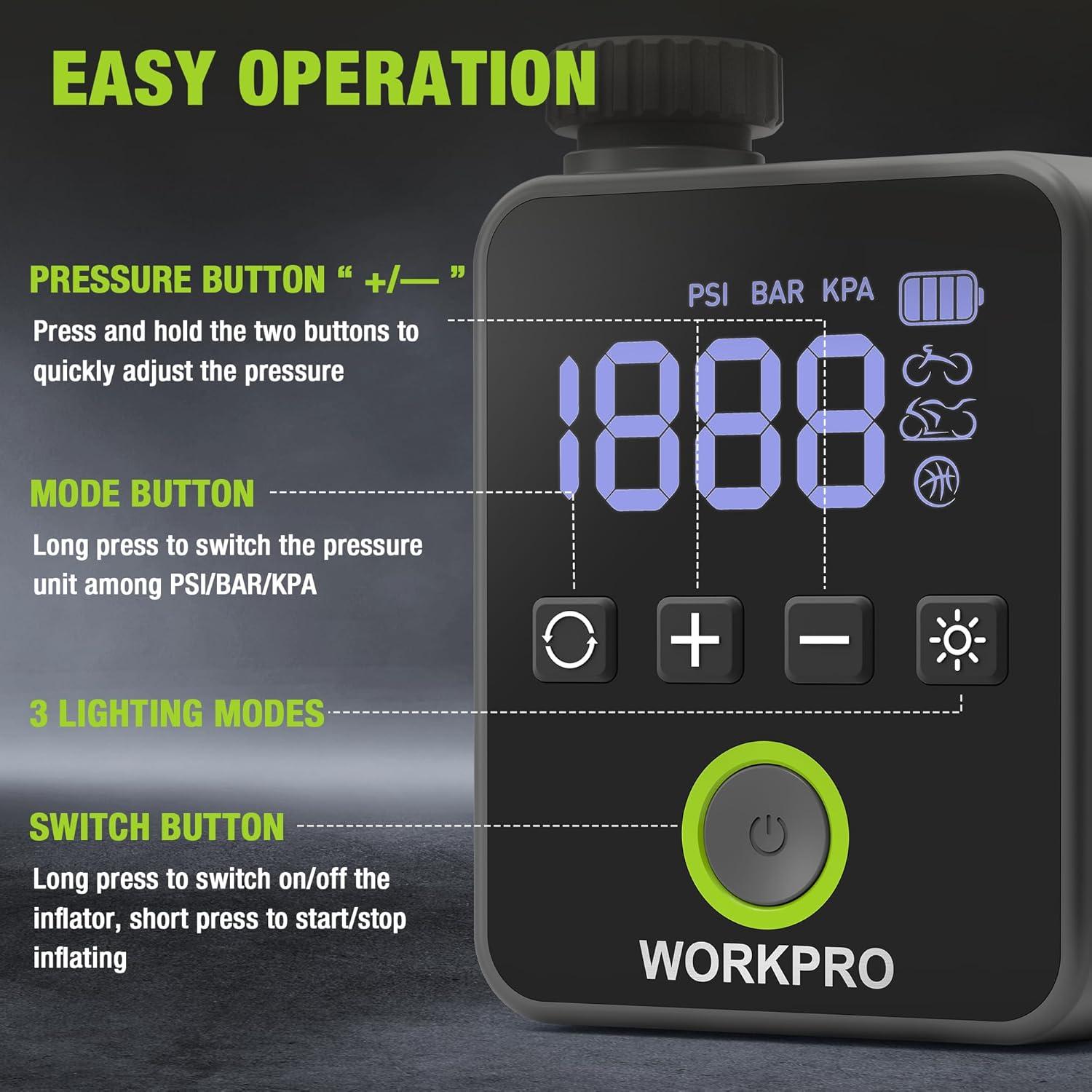 Bomba de Bicicleta Eléctrica WORKPRO Mini 140 PSI Portátil