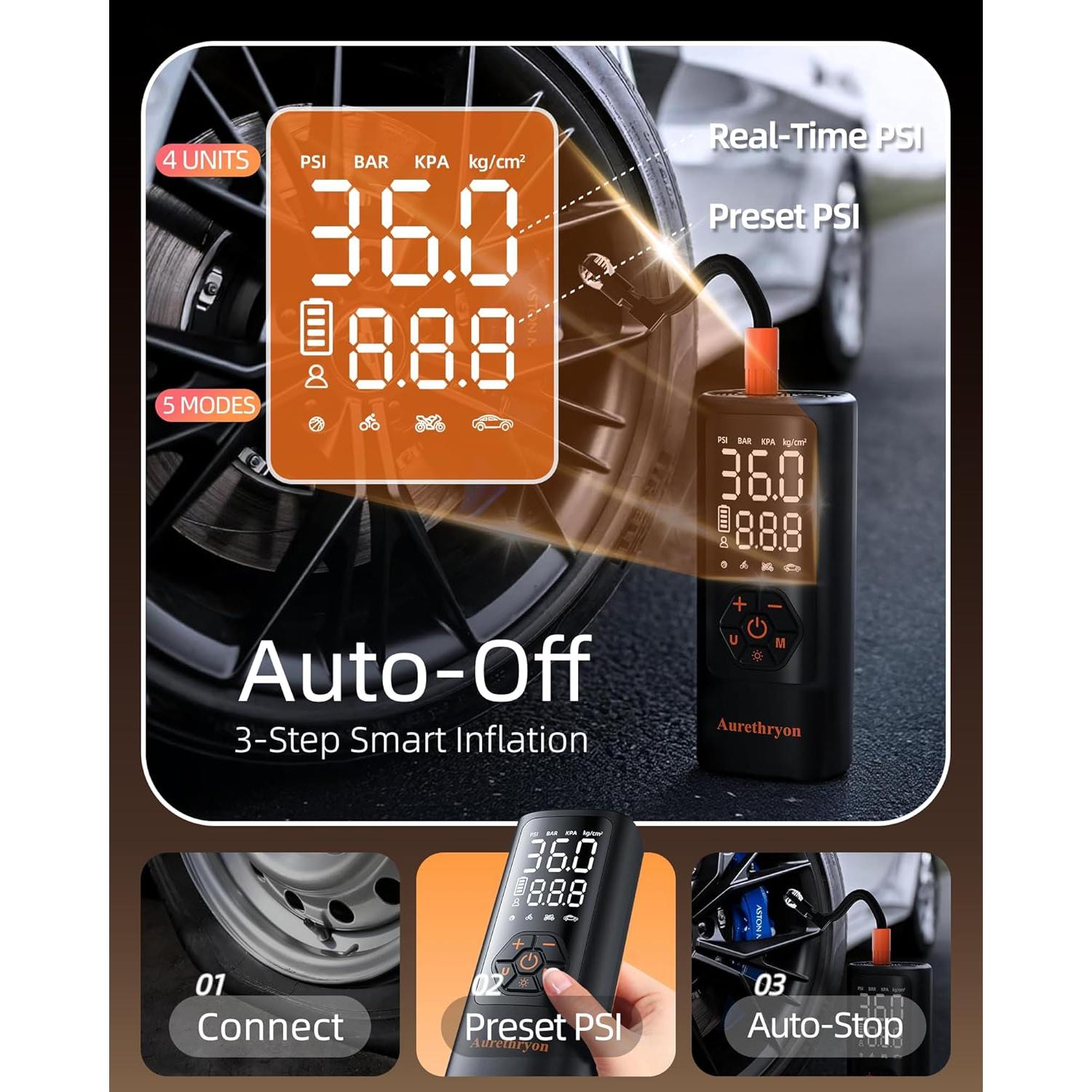 Compresor de Aire Portátil Aurethryon 150 PSI Batería 0.5 kg