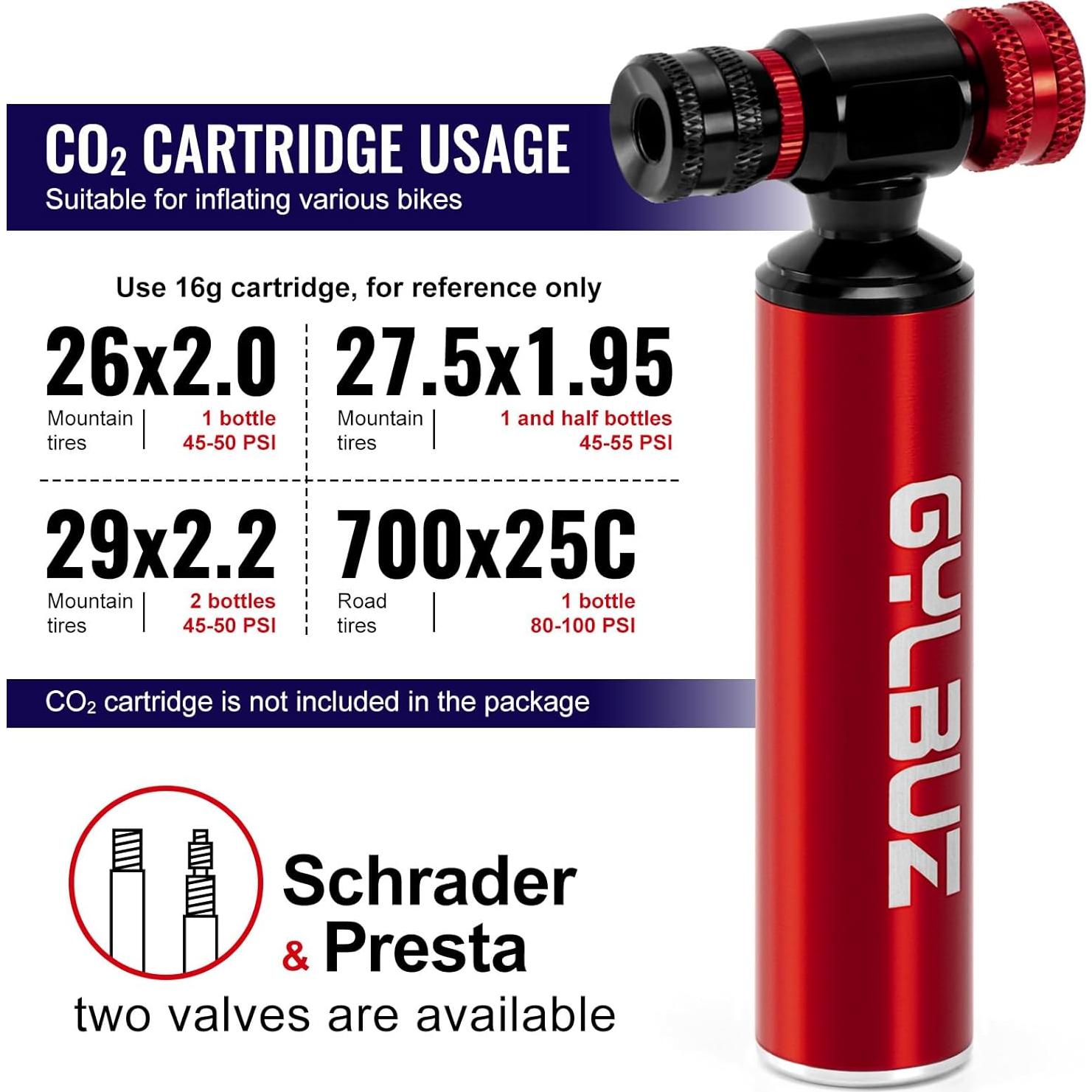 Inflador de Neumáticos de Bicicleta CO2 Gylbuz - Portátil y Ligero