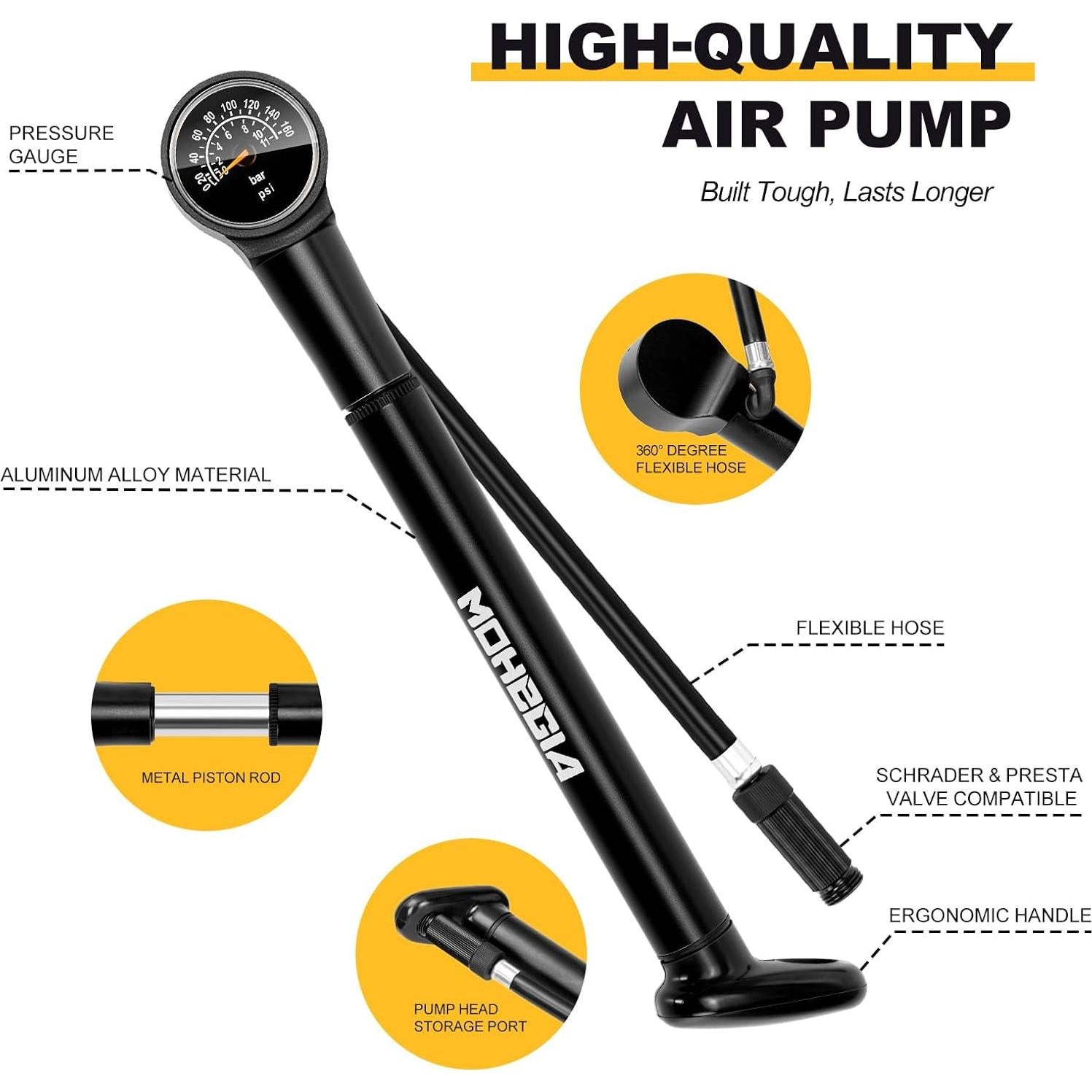 Bomba de Marco de Bicicleta MOHEGIA 160 PSI con Manómetro