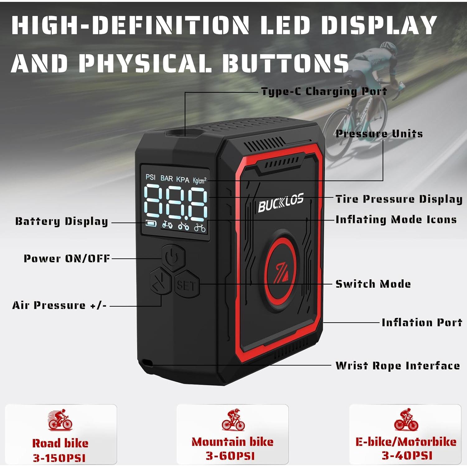 Bomba Eléctrica Portátil BUCKLOS 150 PSI con Manómetro Digital