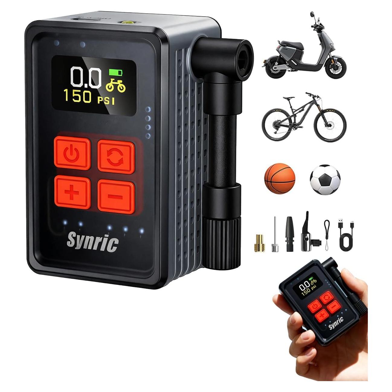 Mini Bomba de Aire Eléctrica Synric 150 PSI con Manómetro