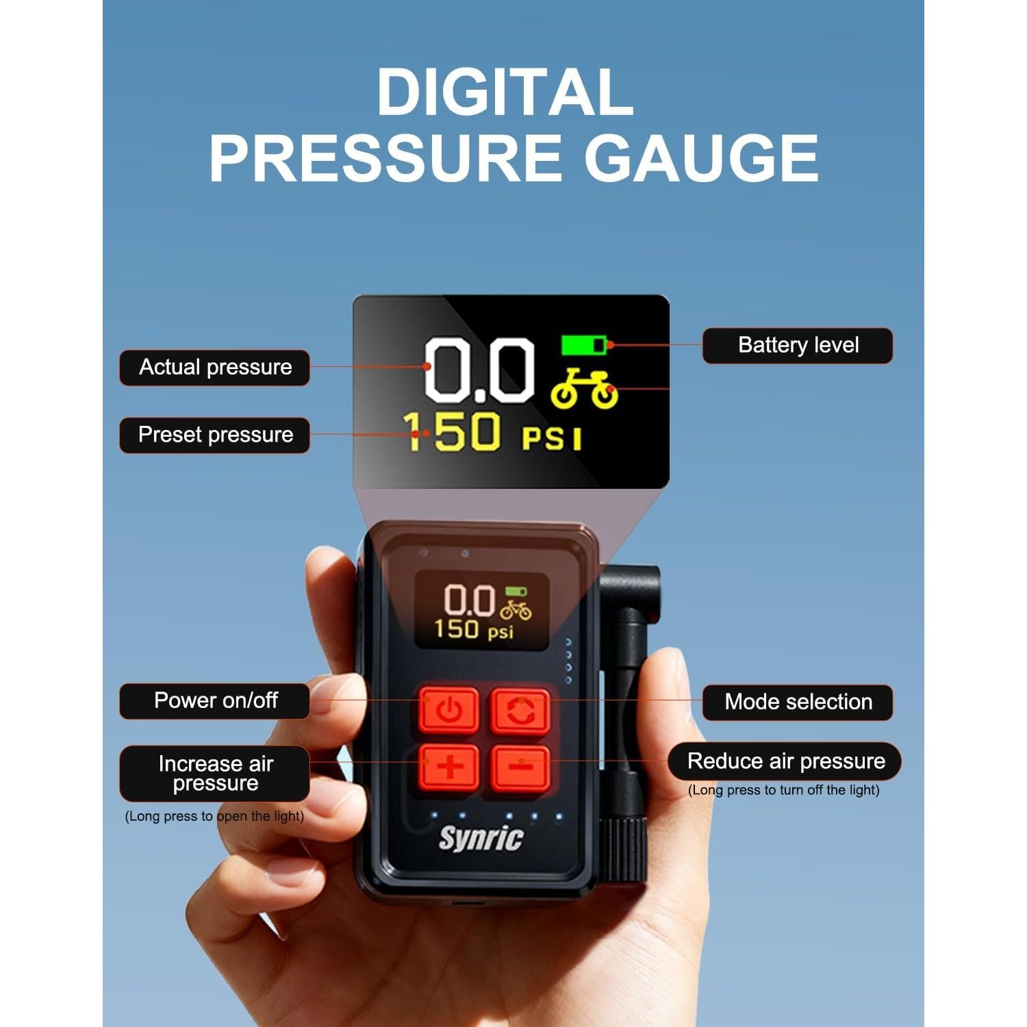 Mini Bomba de Aire Eléctrica Synric 150 PSI con Manómetro