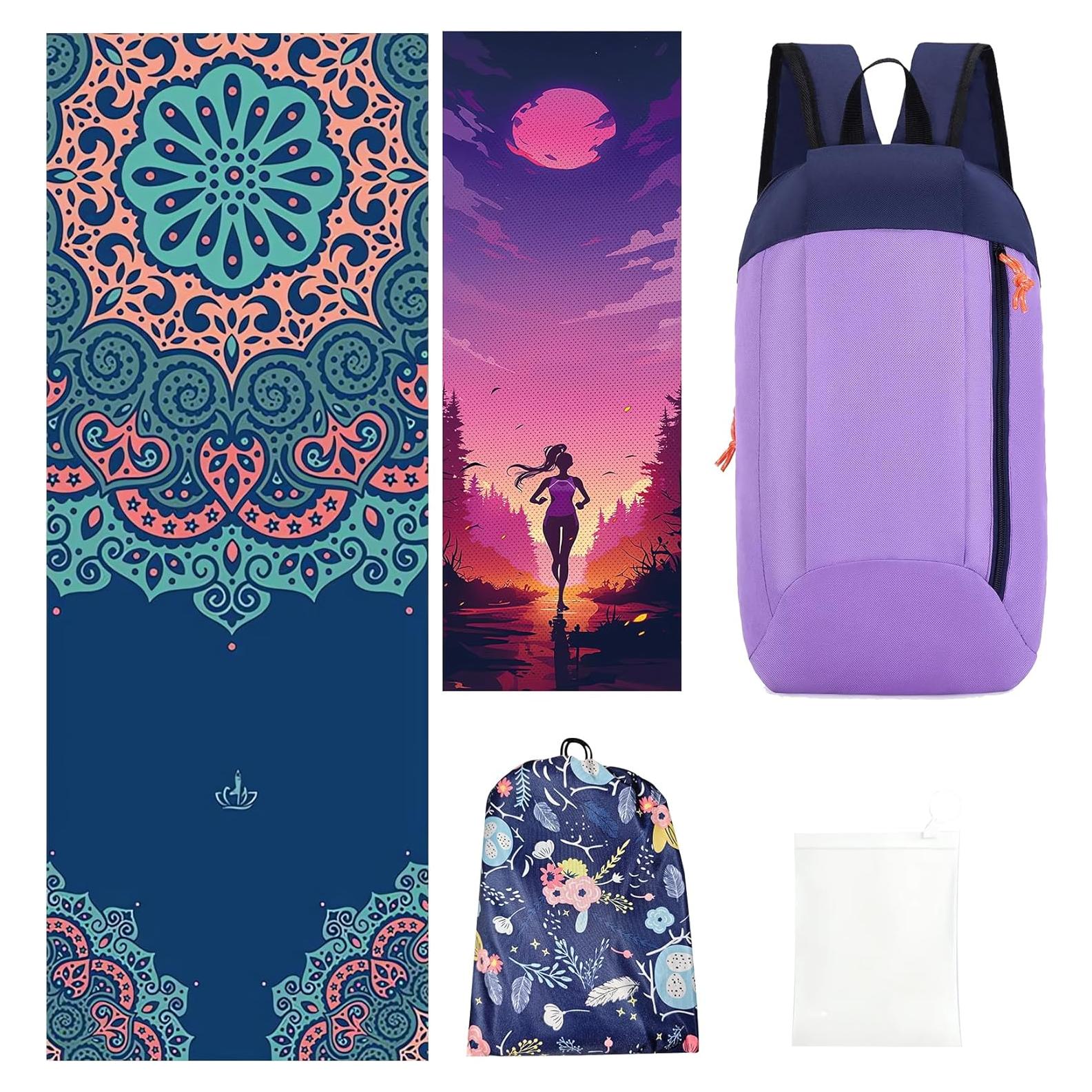 Yoga Mat Towel+Cooling Yoga Towel Ultra-Fine Fiber+Backpack-3-in-1 Portable Travel Set (Must-Have for Thick Yoga Mat, Fitness Gear, Pilates Mat, Exercise Mat, Sports Mat, Beach Vacations)