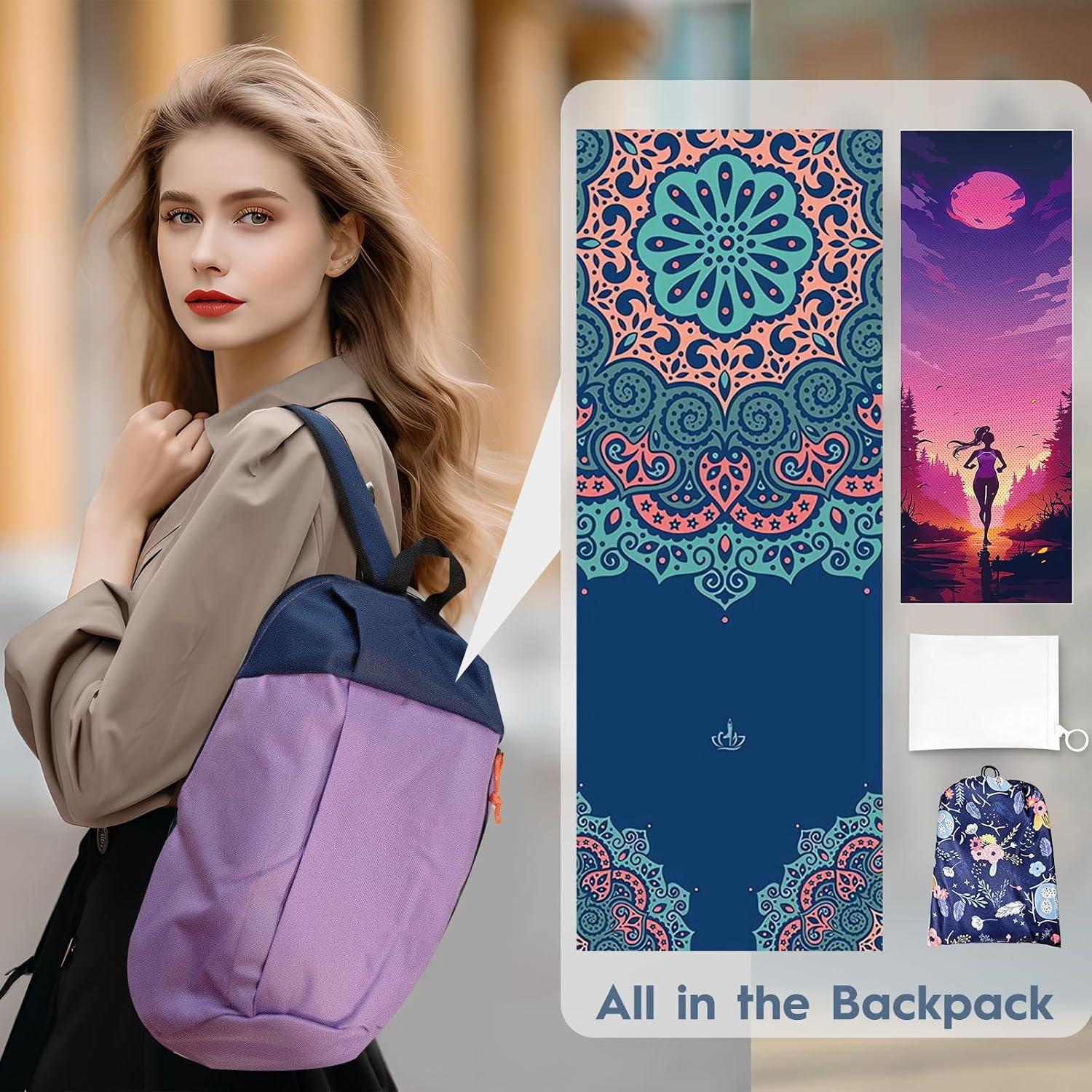Yoga Mat Towel+Cooling Yoga Towel Ultra-Fine Fiber+Backpack-3-in-1 Portable Travel Set (Must-Have for Thick Yoga Mat, Fitness Gear, Pilates Mat, Exercise Mat, Sports Mat, Beach Vacations)