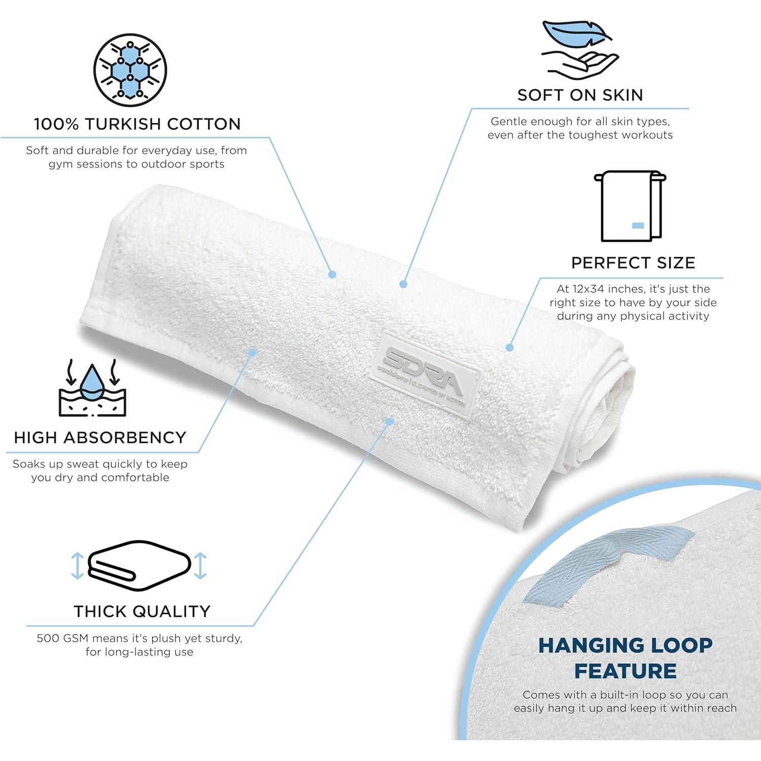 Suddora Cotton Sweat Towel (12”x34”), Cotton Gym Towels for Working Out, Soft & Breathable Sweat Absorbent Football Towels for Yoga, Sport, Running, Workout, Gym, Camping, Fitness &Workout (White)