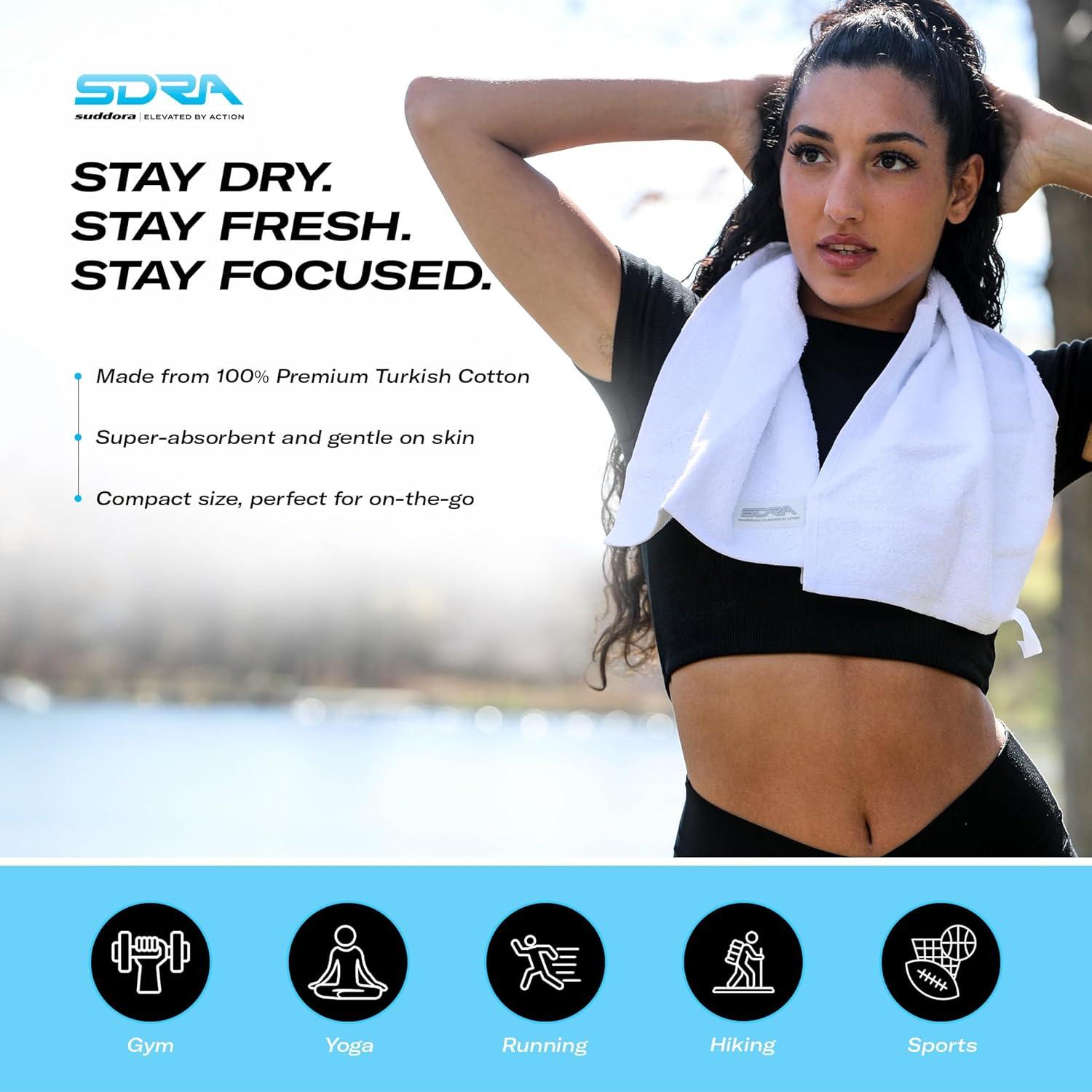 Suddora Cotton Sweat Towel (12”x34”), Cotton Gym Towels for Working Out, Soft & Breathable Sweat Absorbent Football Towels for Yoga, Sport, Running, Workout, Gym, Camping, Fitness &Workout (White)