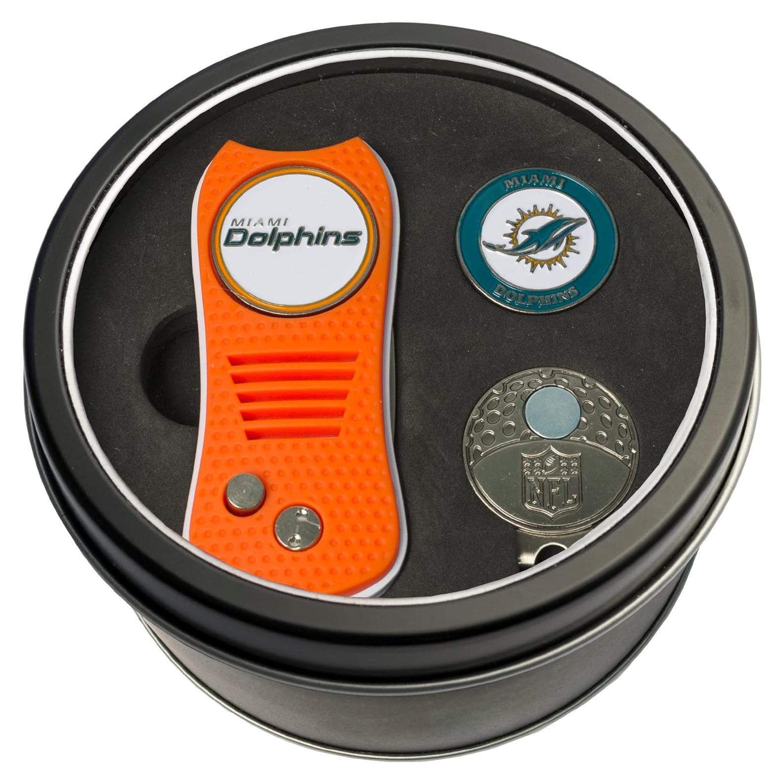Juego de Regalo Team Golf NFL Miami Dolphins - Herramienta Divot, Clip y 2 Marcadores