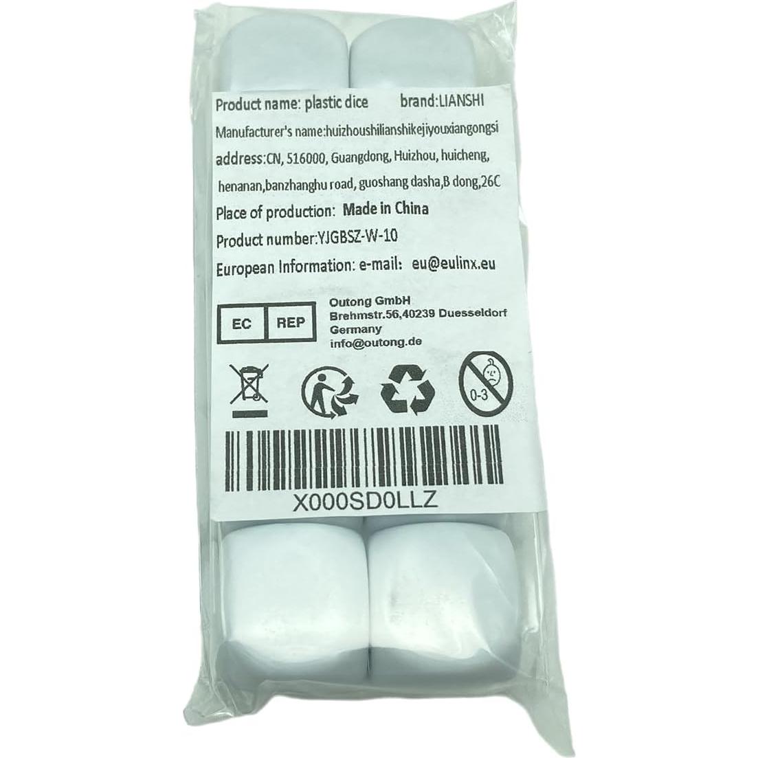 Dados Seis Caras Blancos 22mm Lianshi 10 Piezas Acrílico