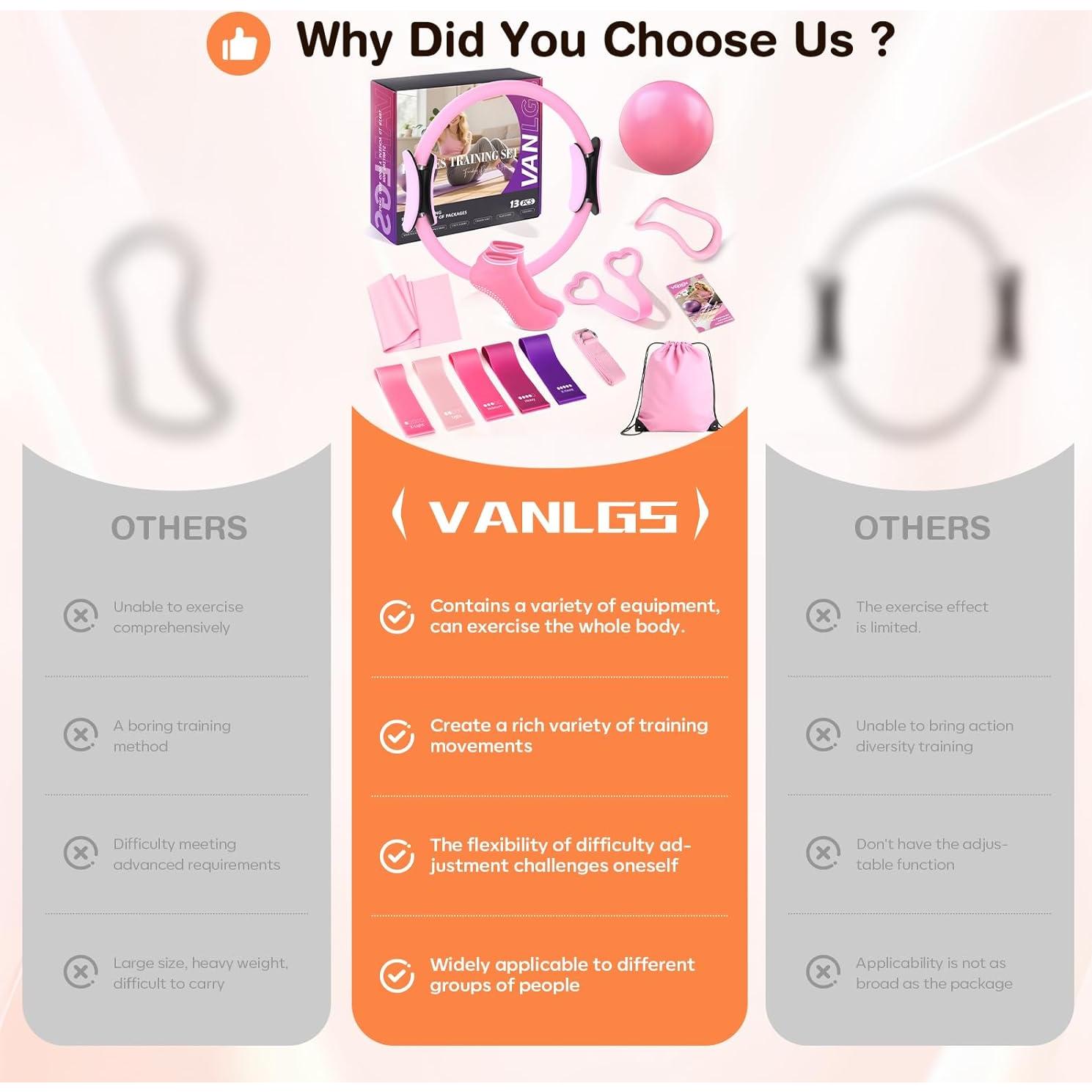 Kit de Pilates 13 Piezas Vanlgs - Anillo 33 cm, Bola 25 cm, Bandas