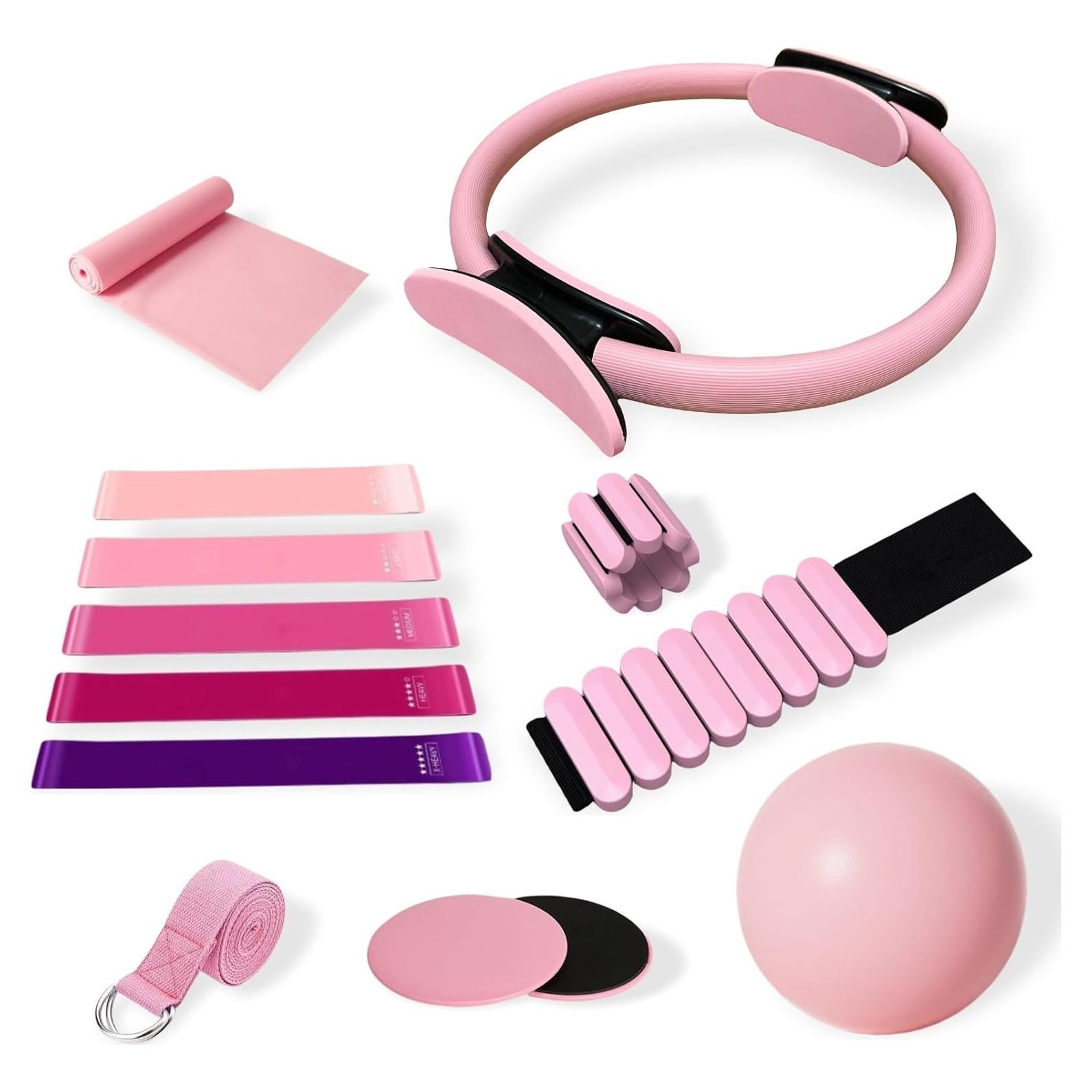 Kit de Pilates VNNYEOZ Rosa - Anillo, Pelota, Pesas y Bandas