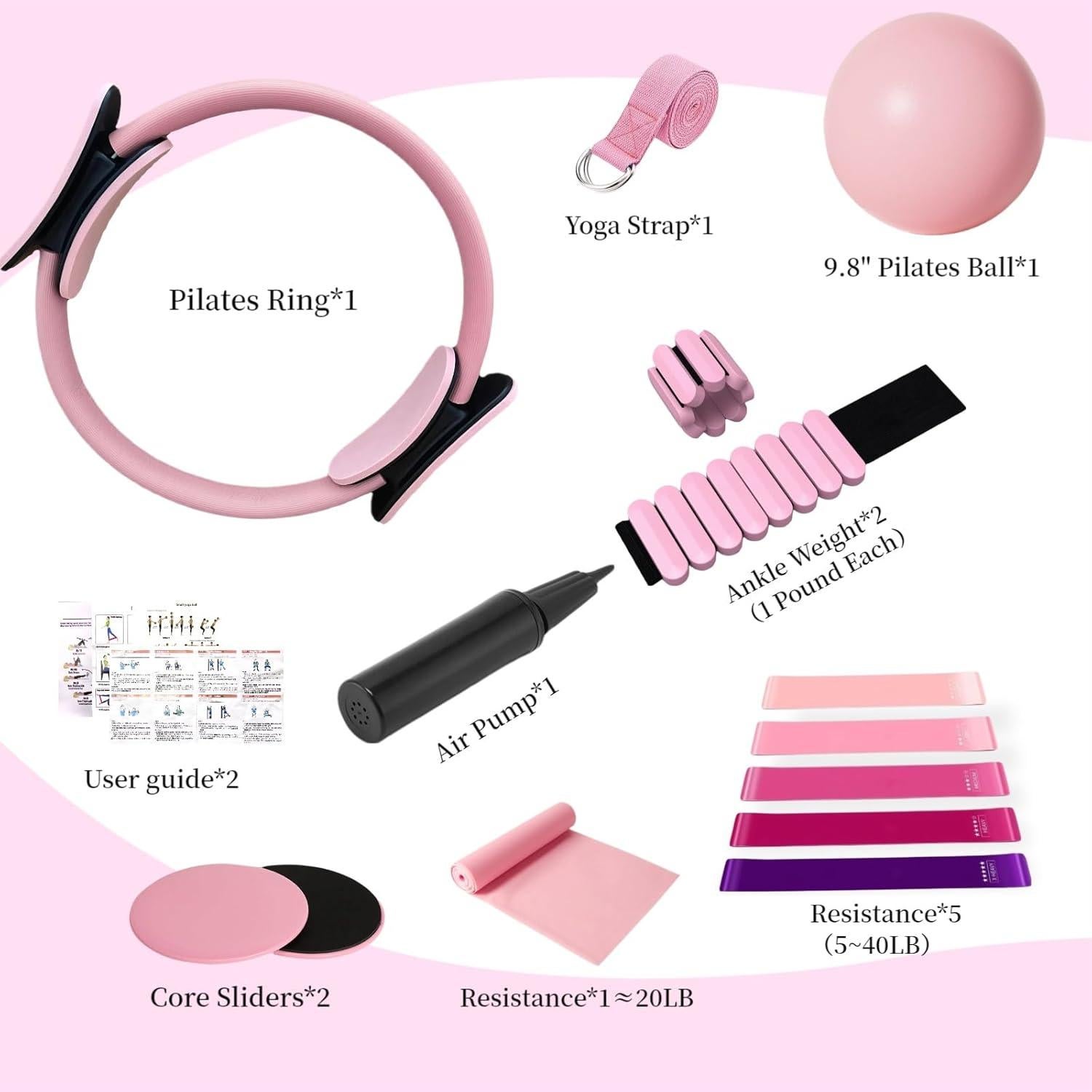 Kit de Pilates VNNYEOZ Rosa - Anillo, Pelota, Pesas y Bandas