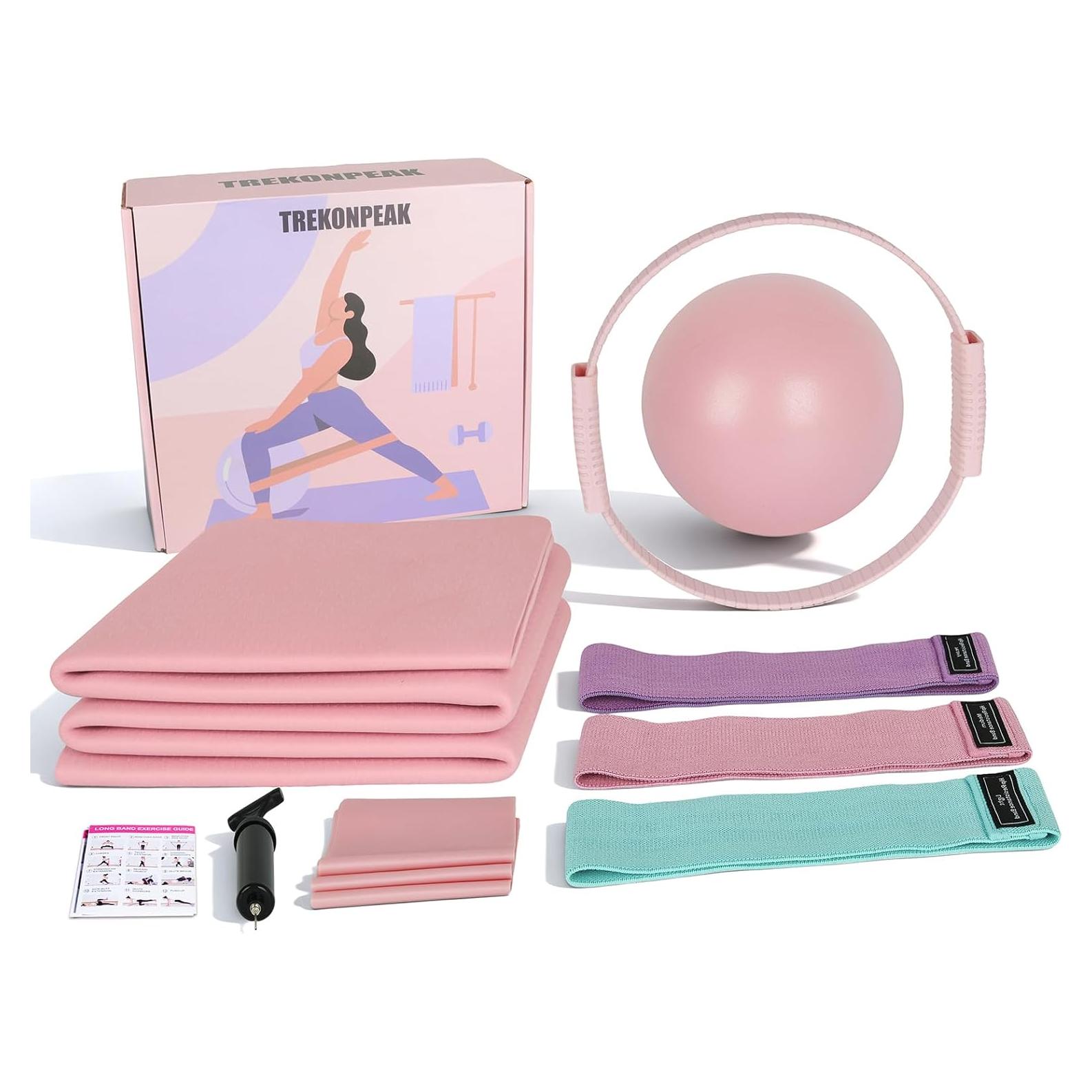 Kit de Pilates TREKONPEAK Rosa - 8 Piezas, Esterilla y Bandas