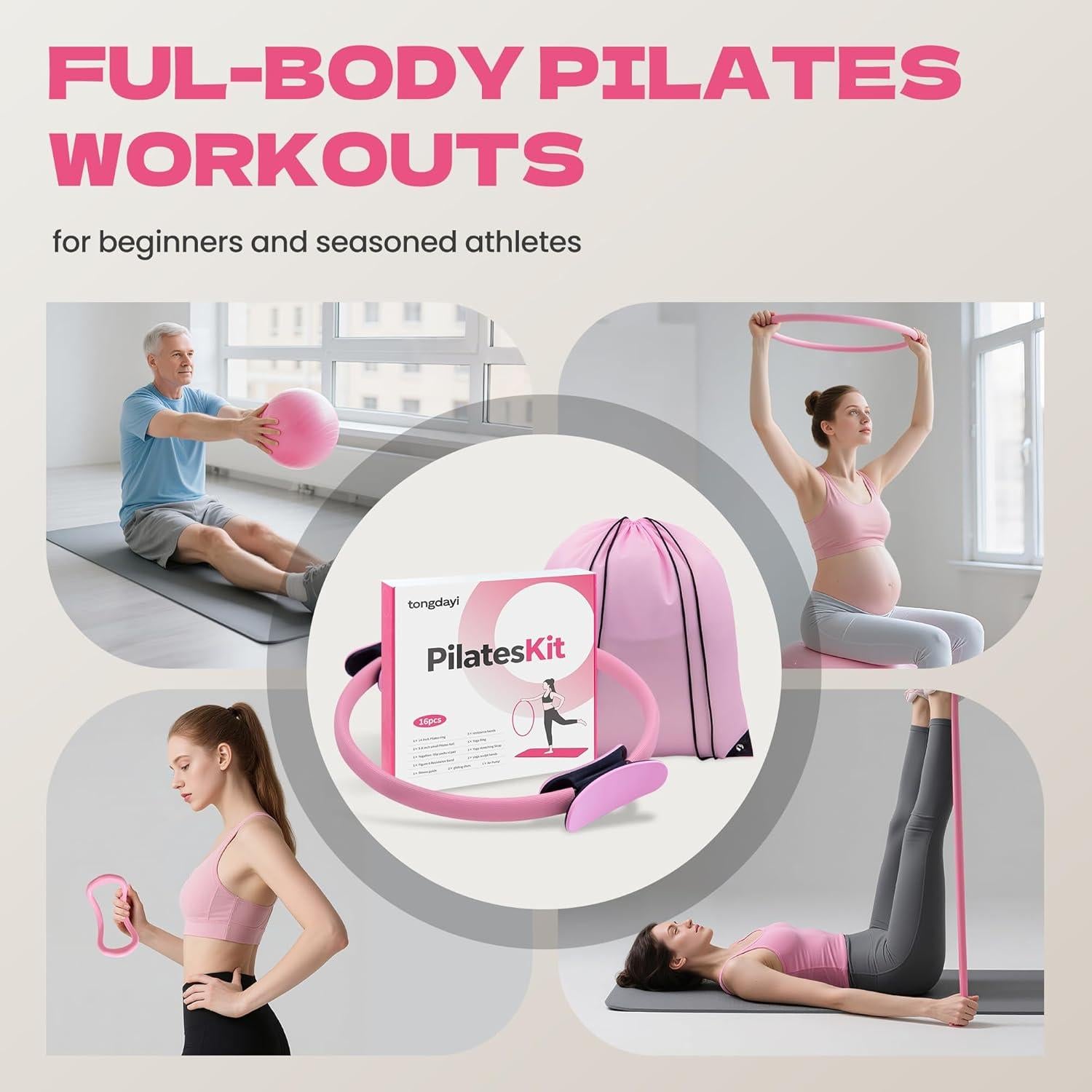 Kit de Pilates 16 Piezas Tongdayi para Mujeres - Anillos, Bandas y Pelota