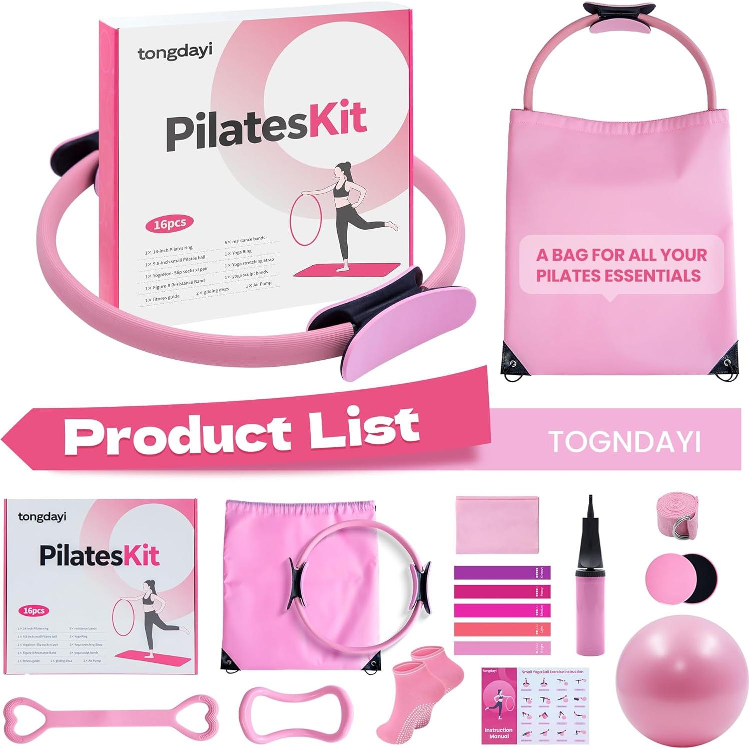 Kit de Pilates 16 Piezas Tongdayi para Mujeres - Anillos, Bandas y Pelota