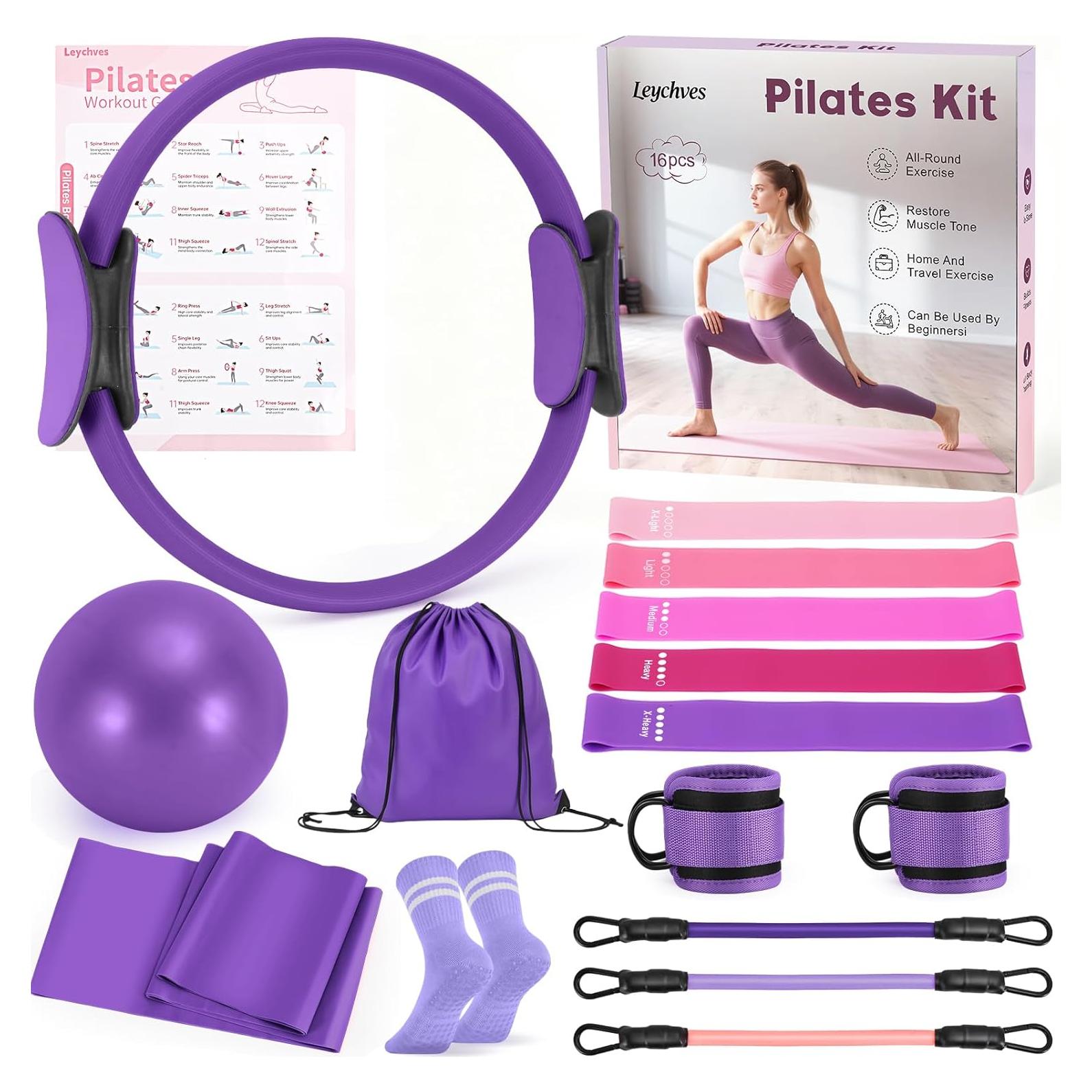 Kit de Pilates Leychves para Mujeres - 16 Piezas, Rosa/Púrpura