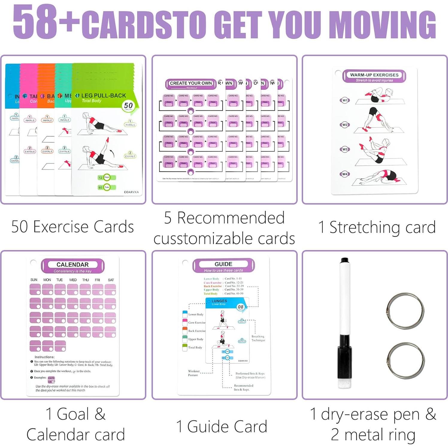 Tarjetas de Ejercicio Pilates COARVXA - 58 Posturas + Reto 4 Semanas