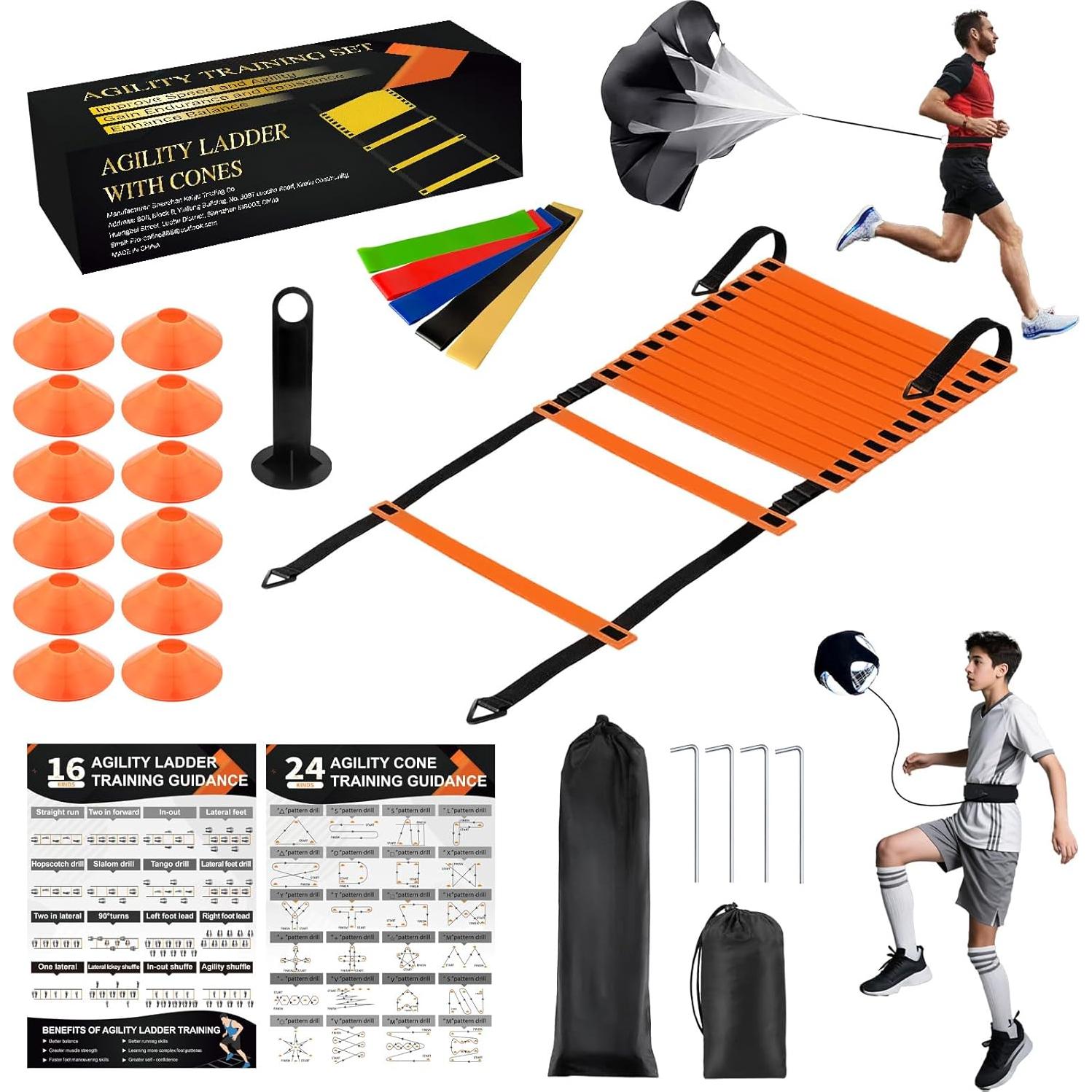 Equipo de Entrenamiento de Fútbol Ovestars - Escalera 6m, 12 Conos, Paracaídas