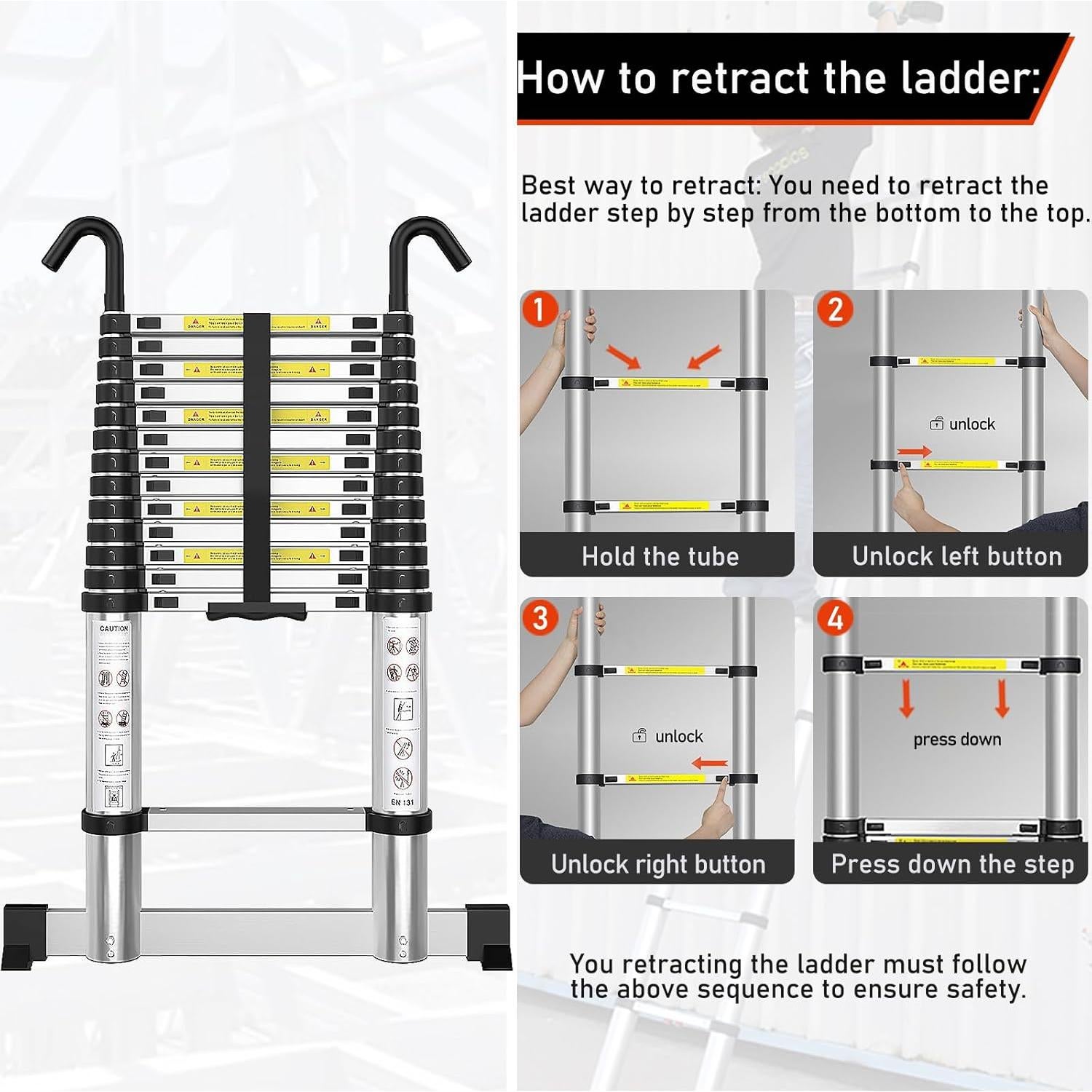 Escalera Telescópica ARCHOM 2.59m Aluminio 150kg con Ganchos