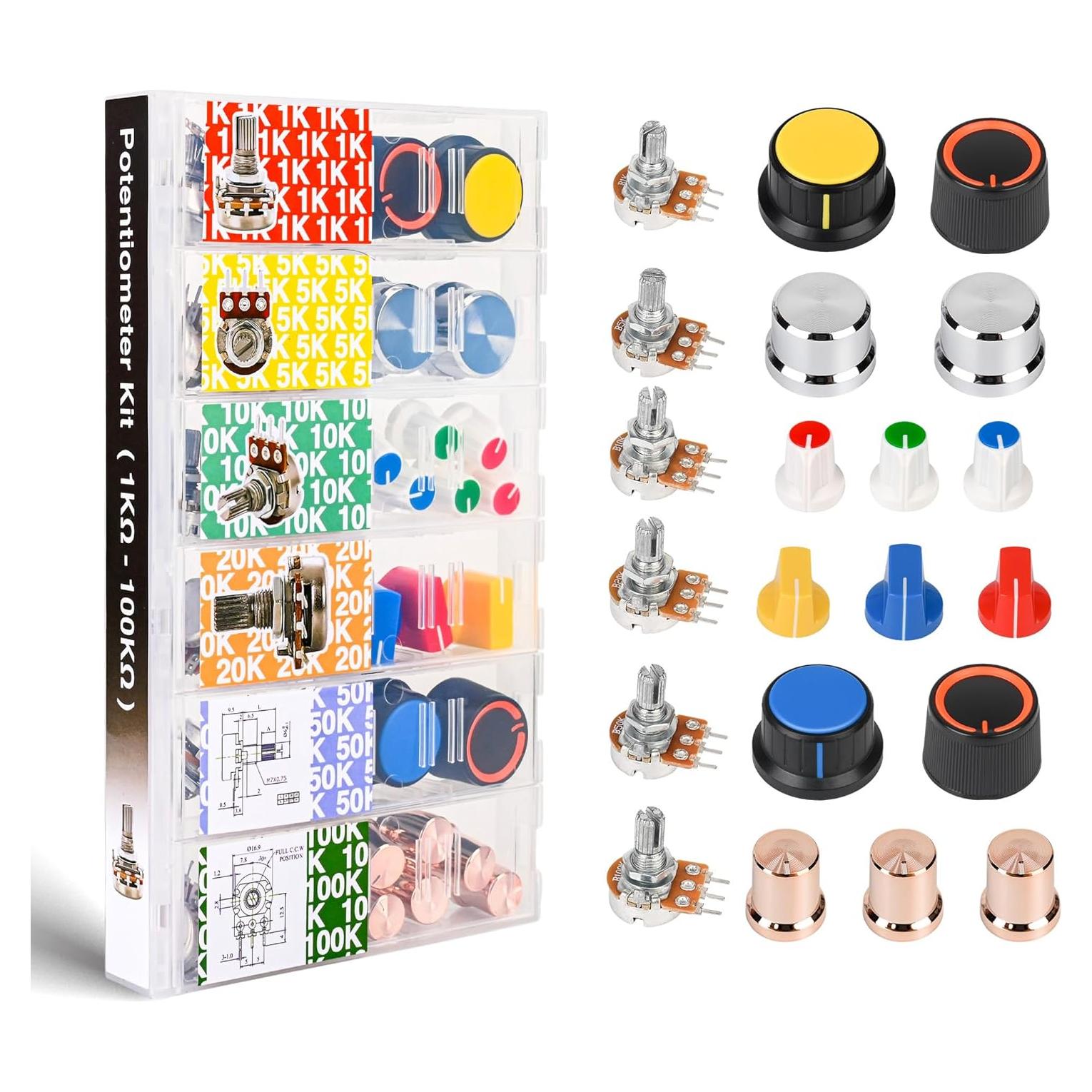 Kit de Potenciómetros 75 Piezas 1k a 100k con Perillas