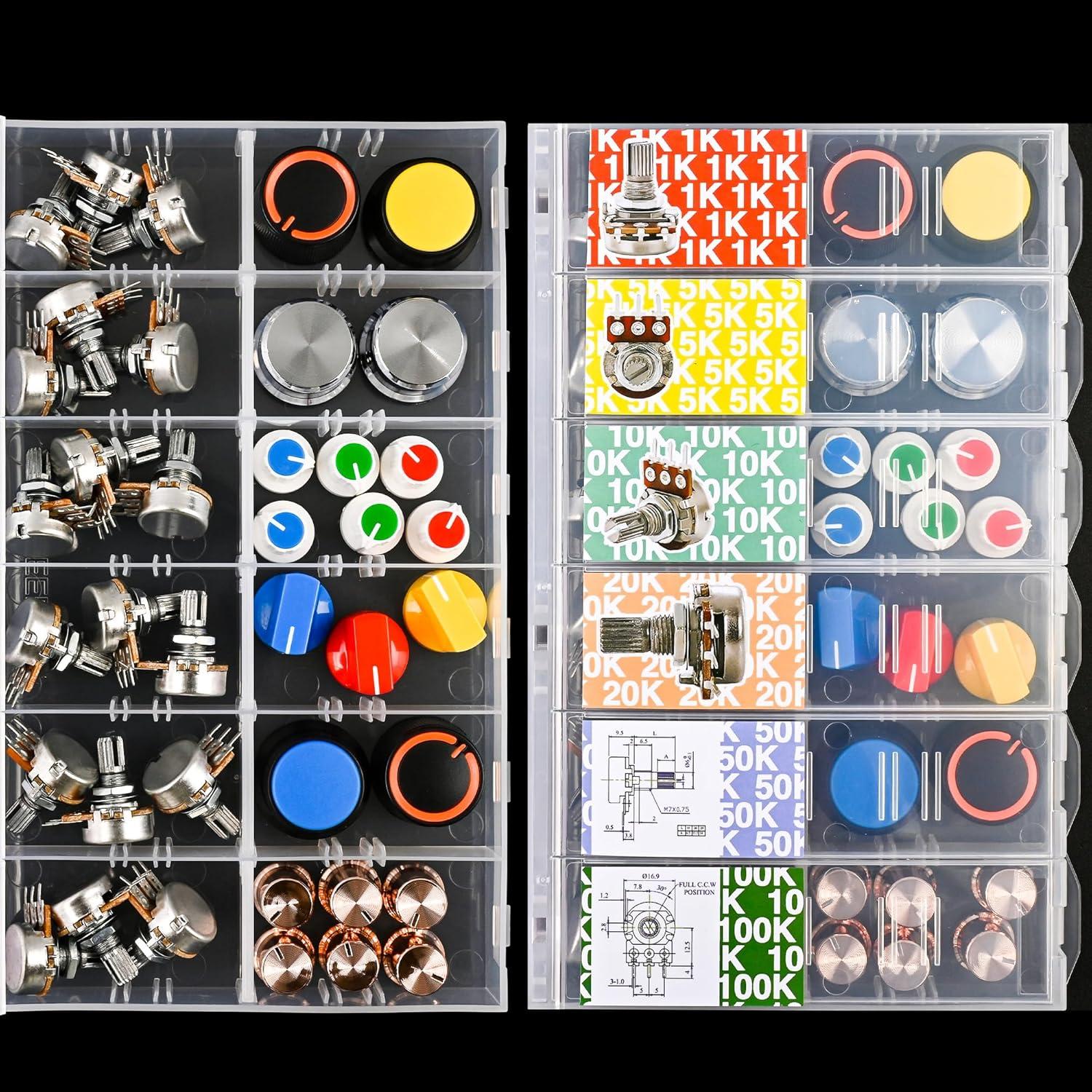 Kit de Potenciómetros 75 Piezas 1k a 100k con Perillas