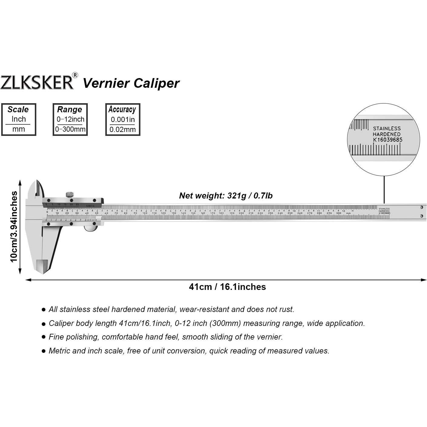 Calibrador Vernier ZLKSKER 300mm Acero Inoxidable Precisión 0.02mm