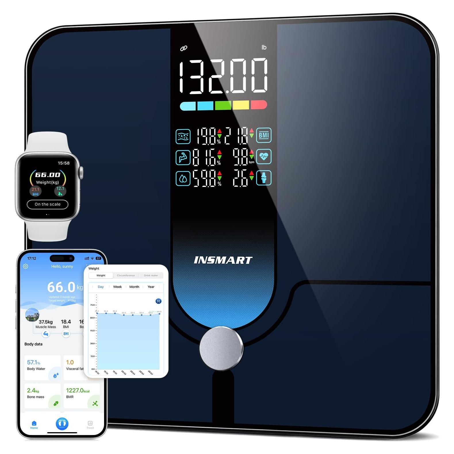 Balanza Inteligente INSMART Cuadrado 227kg Bluetooth LCD