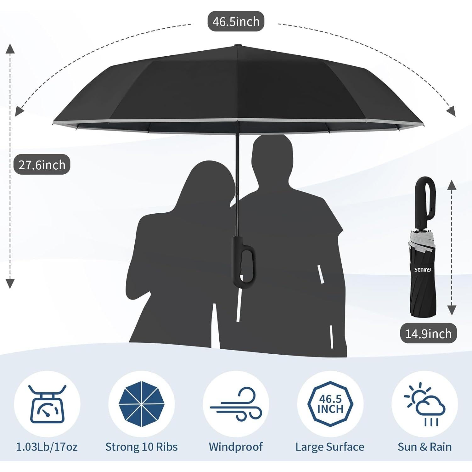 Paraguas de Viaje Seniny Compacto UV 118 cm a Prueba de Viento