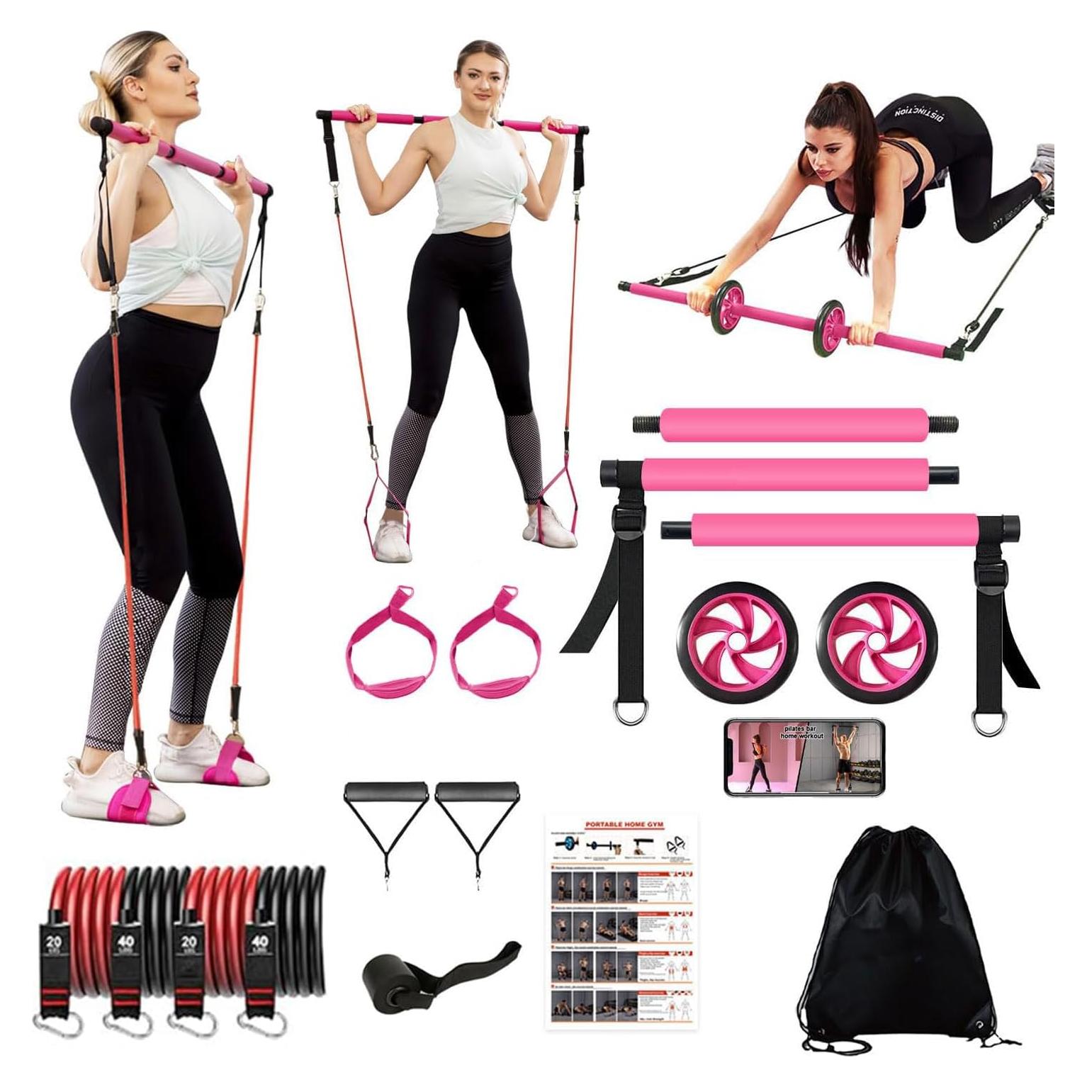 Kit de Barra de Pilates OSCILLATING SLIM Rosa con Bandas de Resistencia