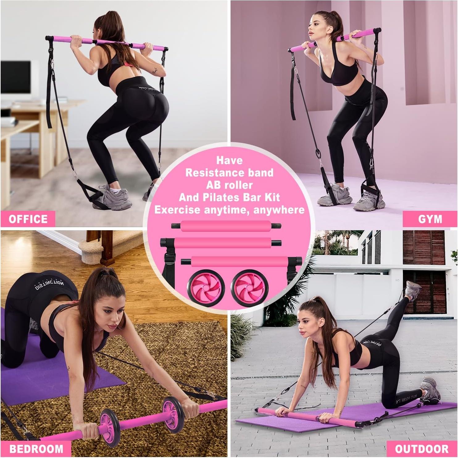 Kit de Barra de Pilates OSCILLATING SLIM Rosa con Bandas de Resistencia