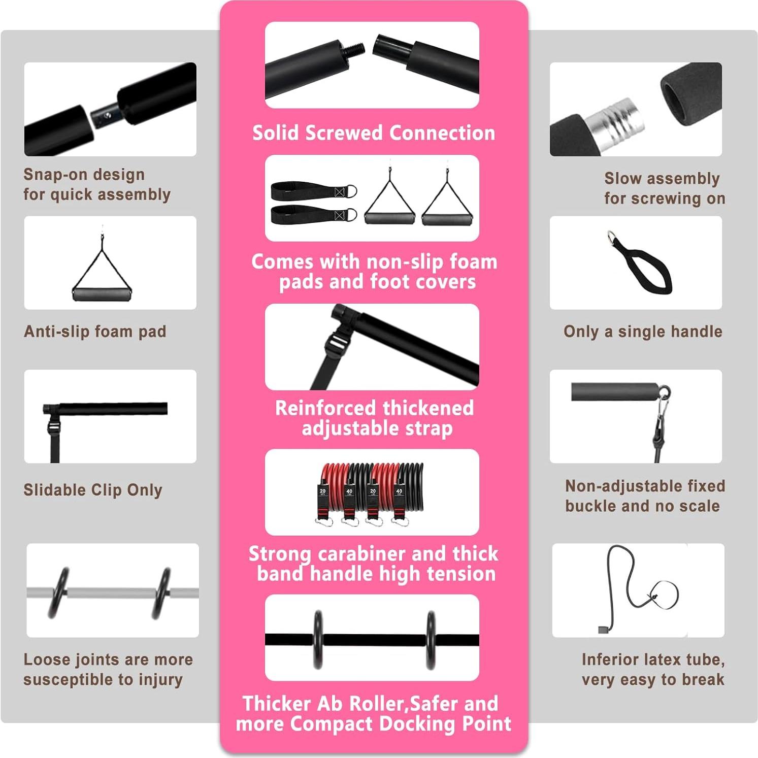 Kit de Barra de Pilates OSCILLATING SLIM Rosa con Bandas de Resistencia