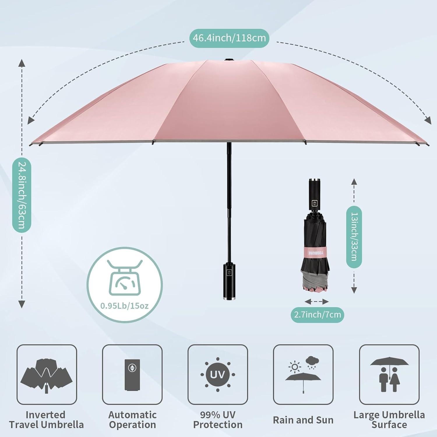 Paraguas Invertido Automático Yoobure Rosa 118cm Plegable UV