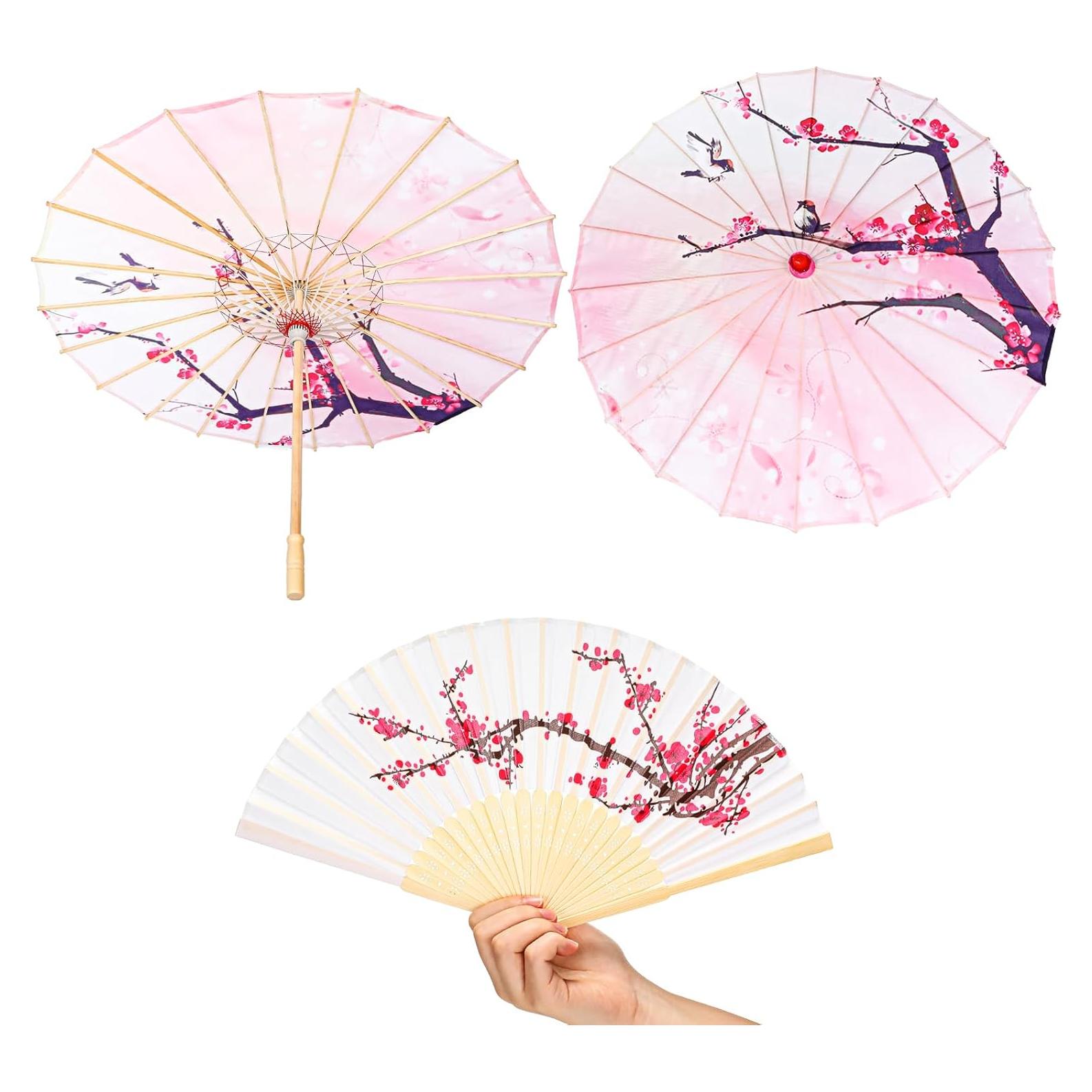 Juego Decorativo de Flor de Cerezo Xuniea - Paraguas 56 cm y Abanico 21 cm