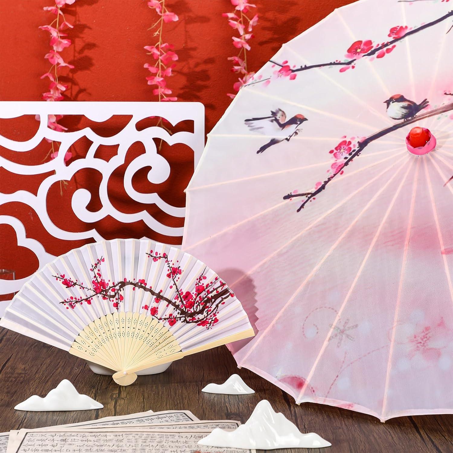 Juego Decorativo de Flor de Cerezo Xuniea - Paraguas 56 cm y Abanico 21 cm