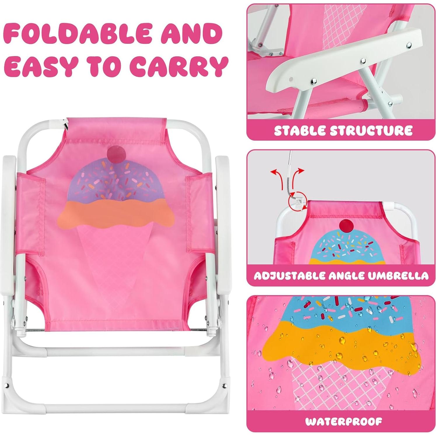 Silla de Playa Plegable para Niños PLULON con Paraguas Rosa