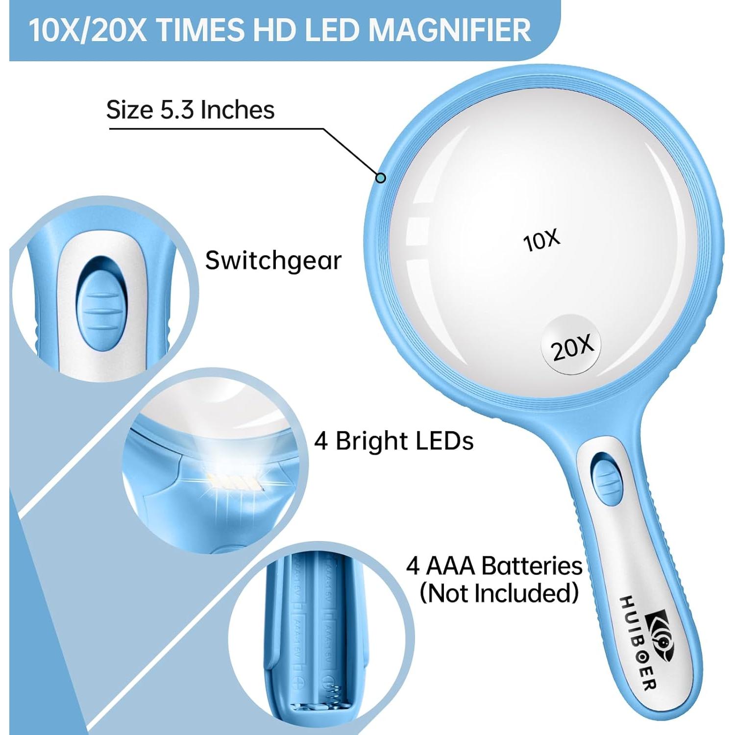 Lupa de Mano Huiboer 135mm con Luz LED 10X 20X para Lectura