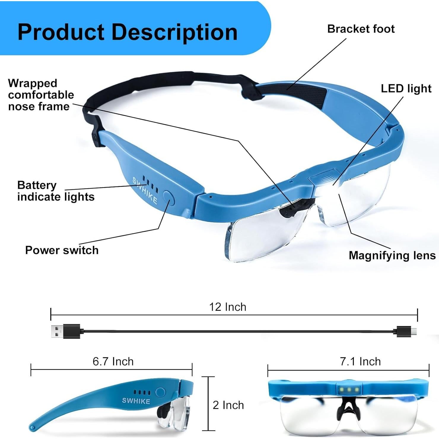 Lupa de Cabeza con Luz SWHIKE 5 Lentes Aumento Recargable Azul