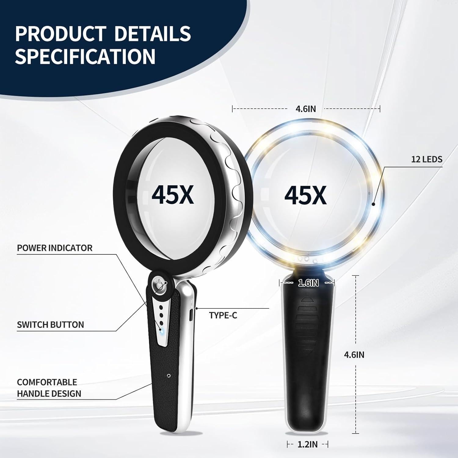 Lupa de Mano Huiboer 45X con Luz LED y Batería Recargable