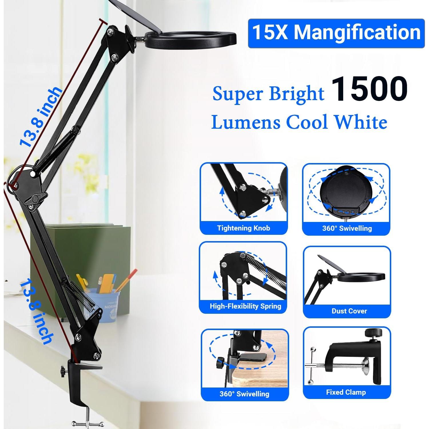 Lámpara de escritorio con lupa 15X MGL-15X, 84 LEDs, USB