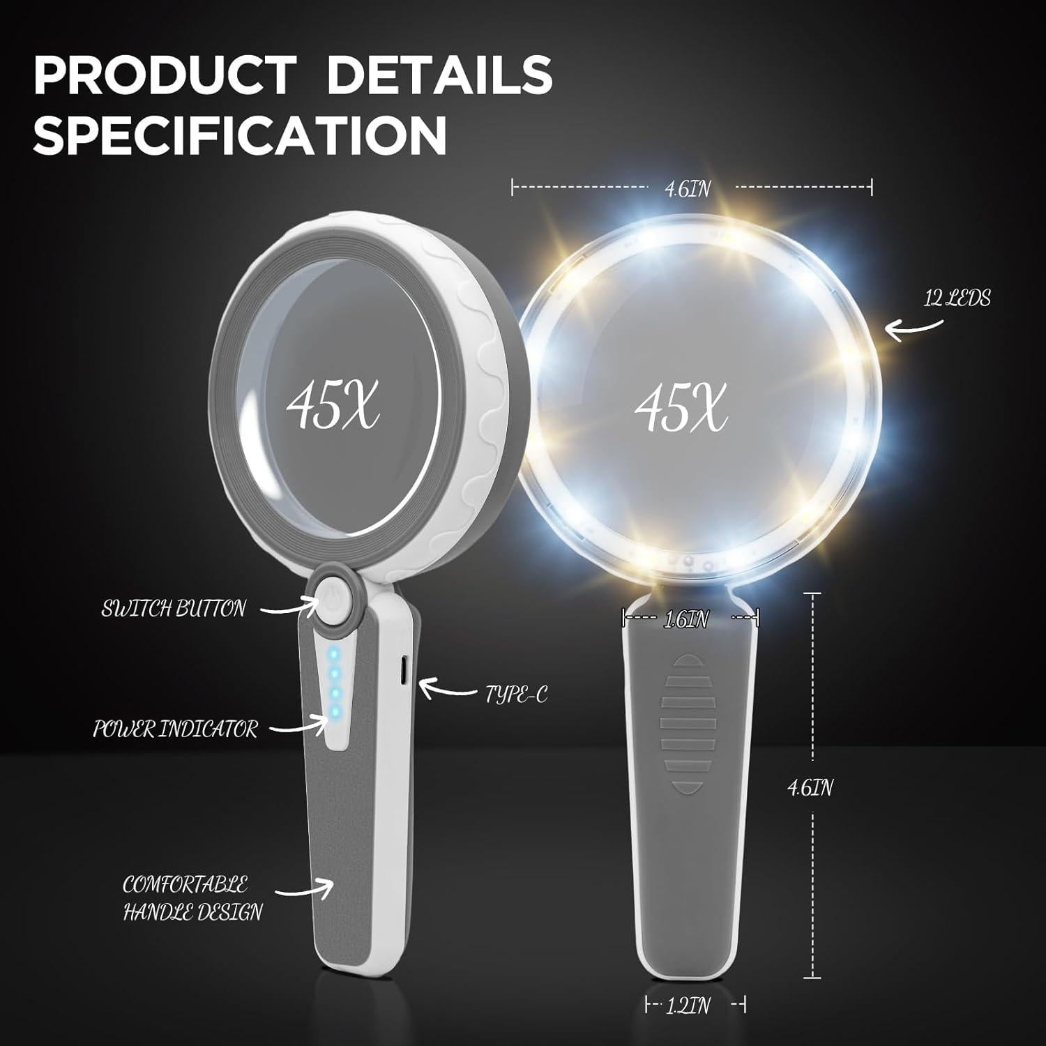 Lupa Huiboer 45X con Luz LED Recargable 11.68 cm