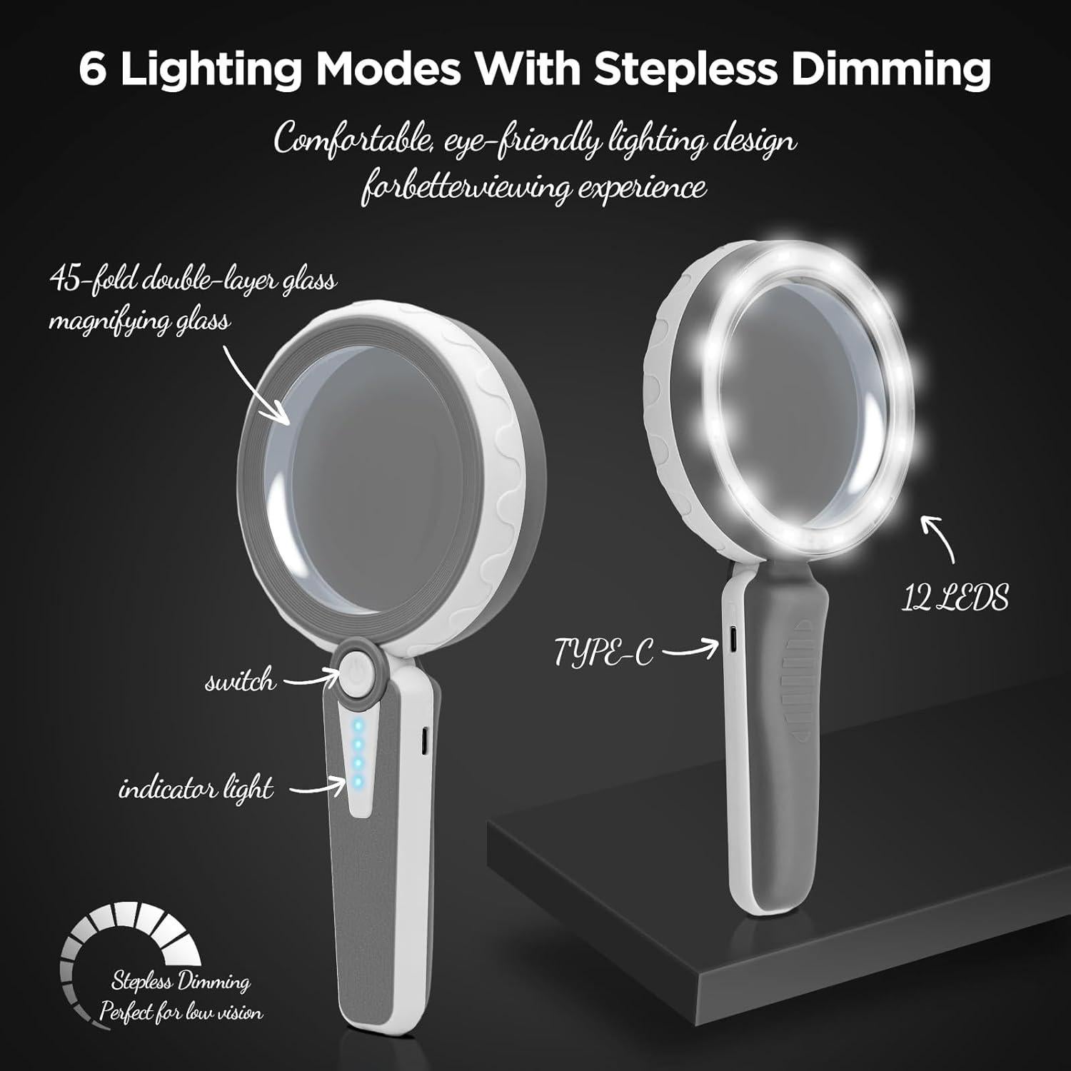 Lupa Huiboer 45X con Luz LED Recargable 11.68 cm