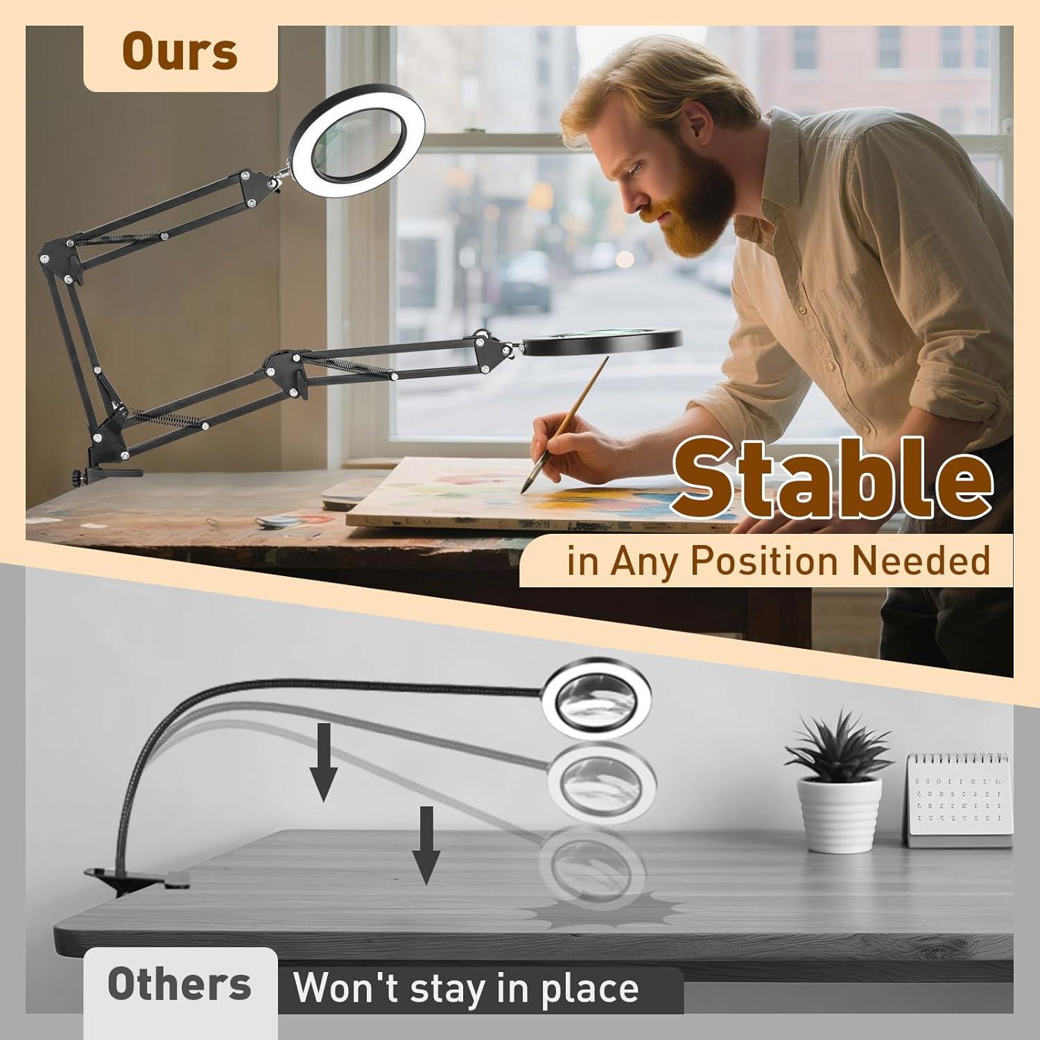 KIRKAS 10X Magnifying Glass with Light and Stand, 72 LEDs Brightest Desktop Magnifying Lamp, 10 Dimmable Brightness 3 Color Modes, Hands Free Metal Magnifier Lamp for Craft Reading Close Work-Black