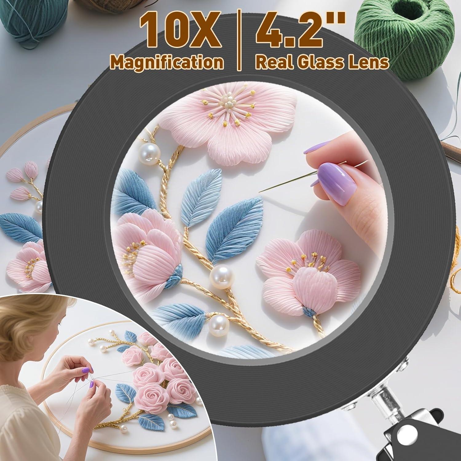 KIRKAS 10X Magnifying Glass with Light and Stand, 72 LEDs Brightest Desktop Magnifying Lamp, 10 Dimmable Brightness 3 Color Modes, Hands Free Metal Magnifier Lamp for Craft Reading Close Work-Black