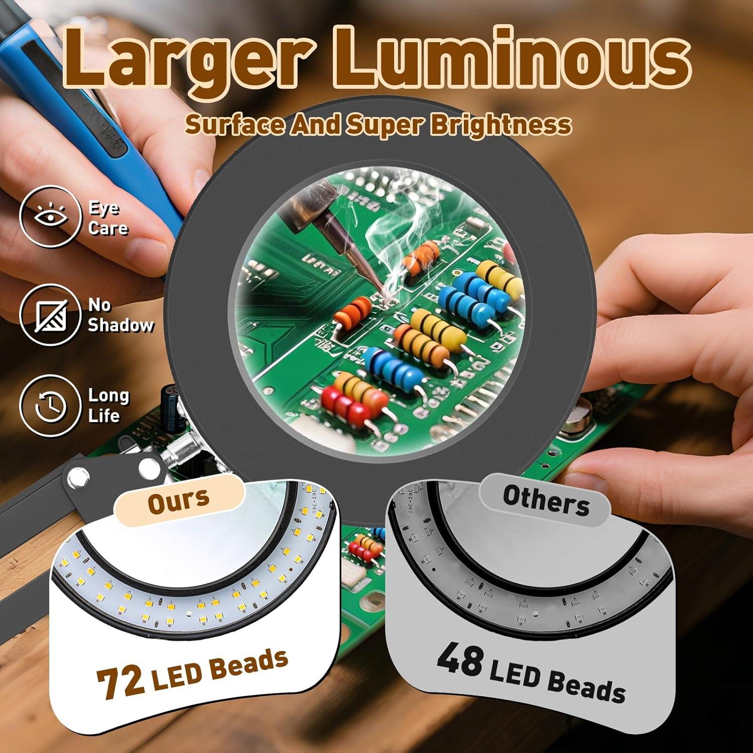 KIRKAS 10X Magnifying Glass with Light and Stand, 72 LEDs Brightest Desktop Magnifying Lamp, 10 Dimmable Brightness 3 Color Modes, Hands Free Metal Magnifier Lamp for Craft Reading Close Work-Black