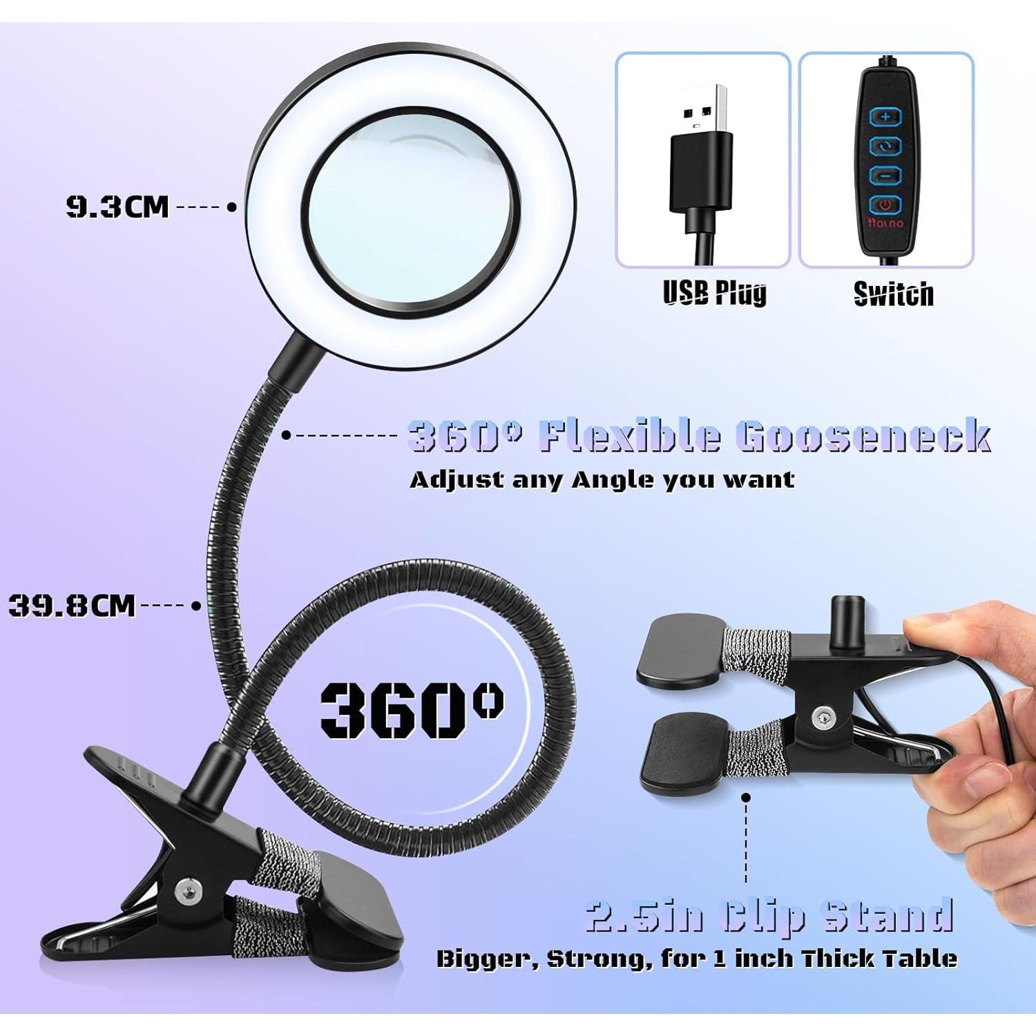 Lupa de 10X con luz LED NZQXJXZ, 48 LEDs, clip y brazo ajustable