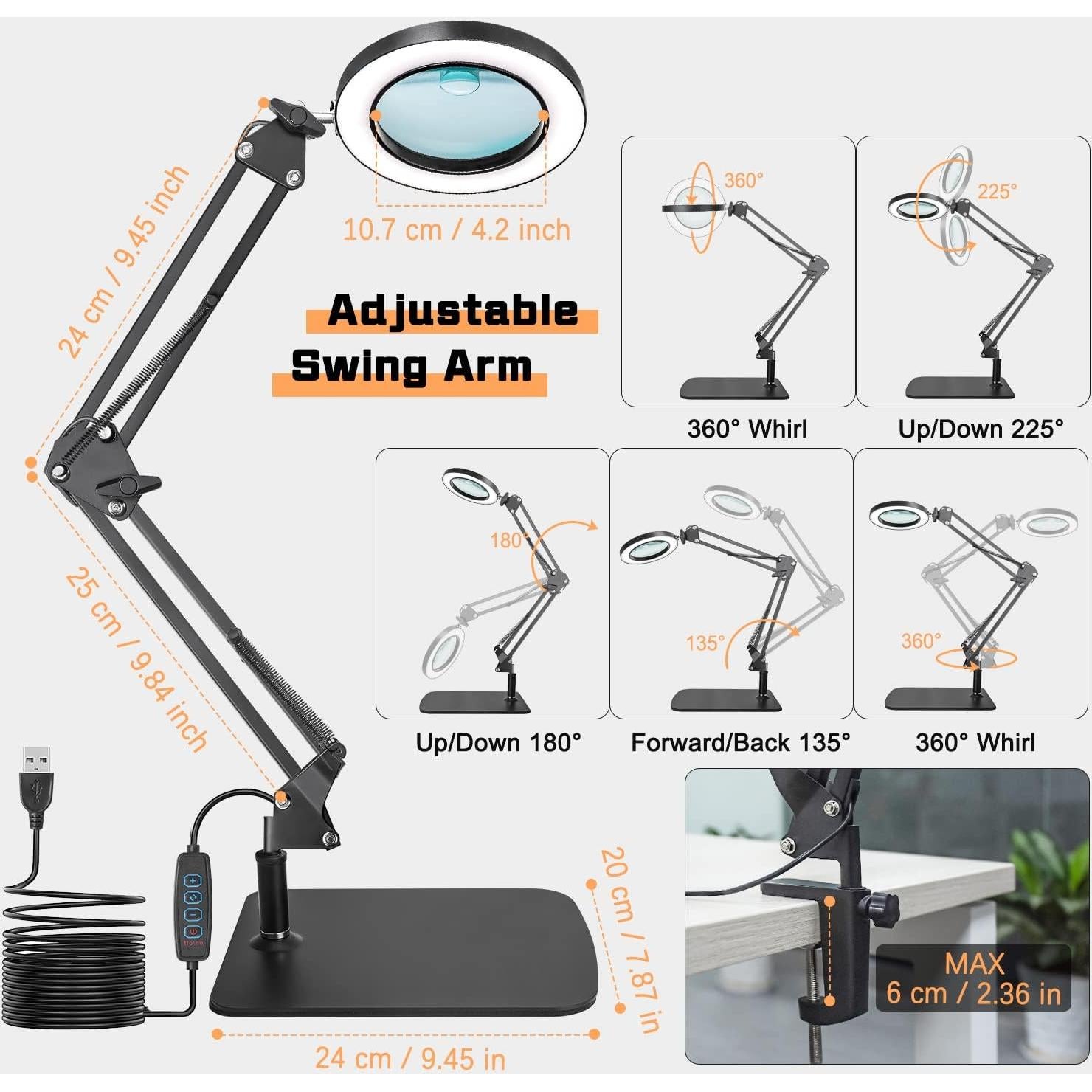 Lupa de Escritorio BAISHUN con Luz 10X 15X Ajustable 360°