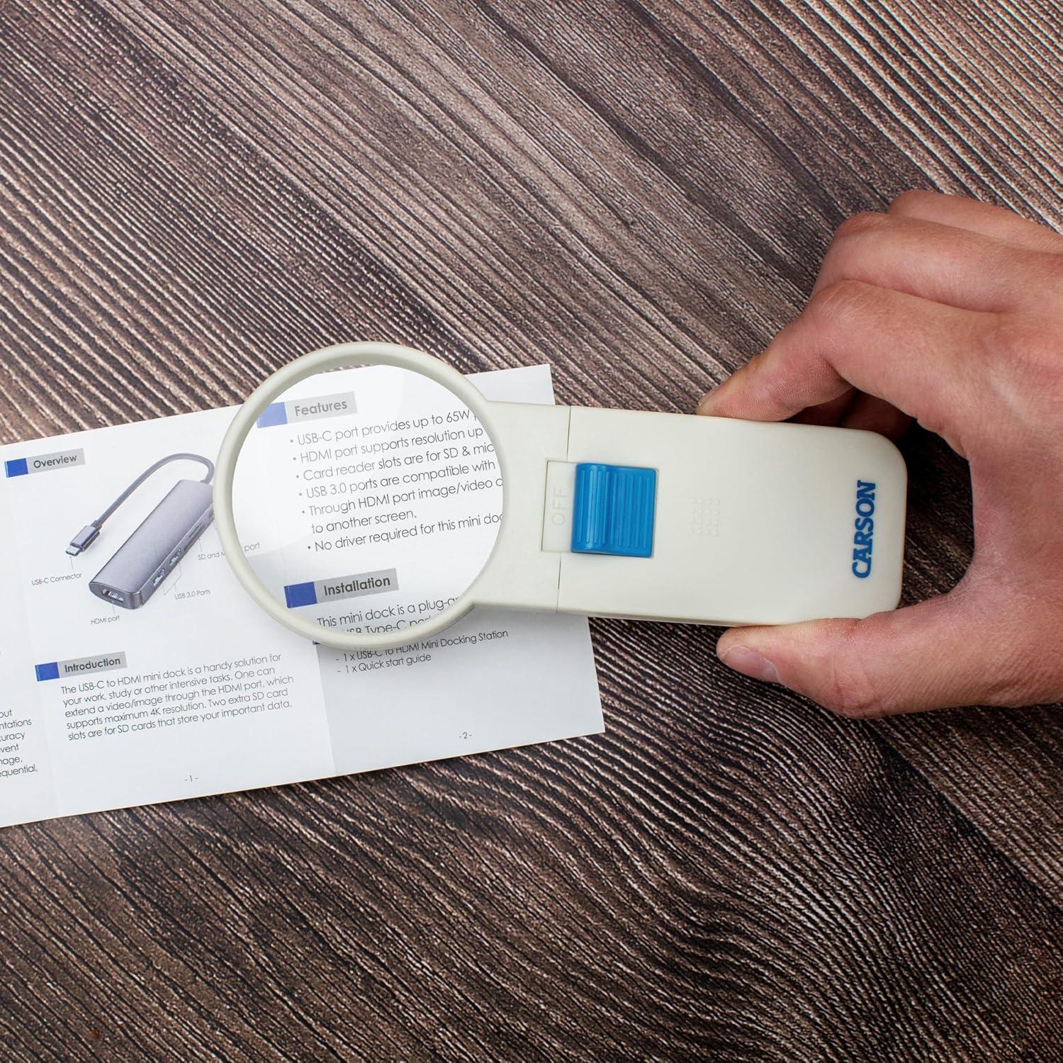 Lupa Iluminada de Mano Carson 5x Lente Asférica 6.35 cm