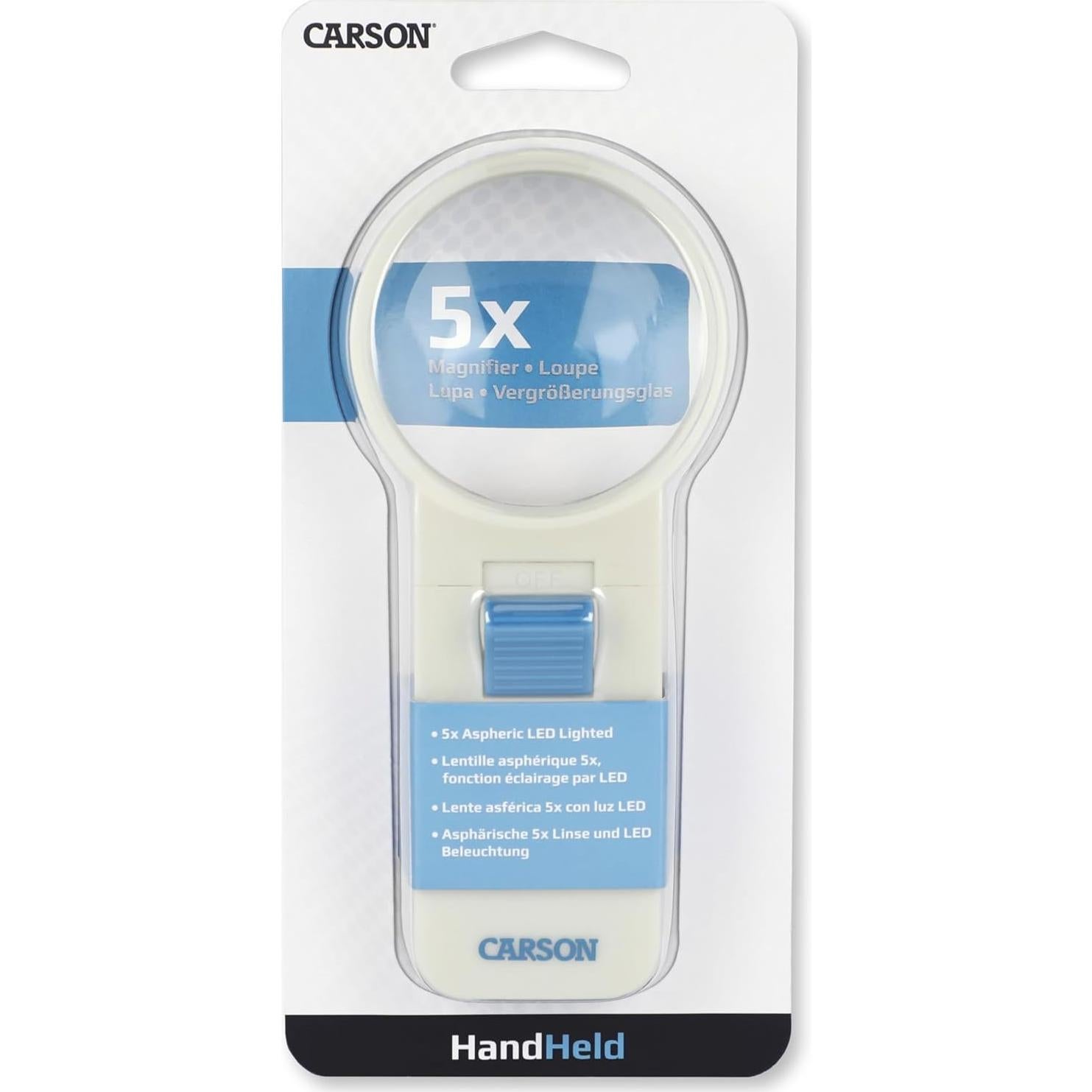 Lupa Iluminada de Mano Carson 5x Lente Asférica 6.35 cm