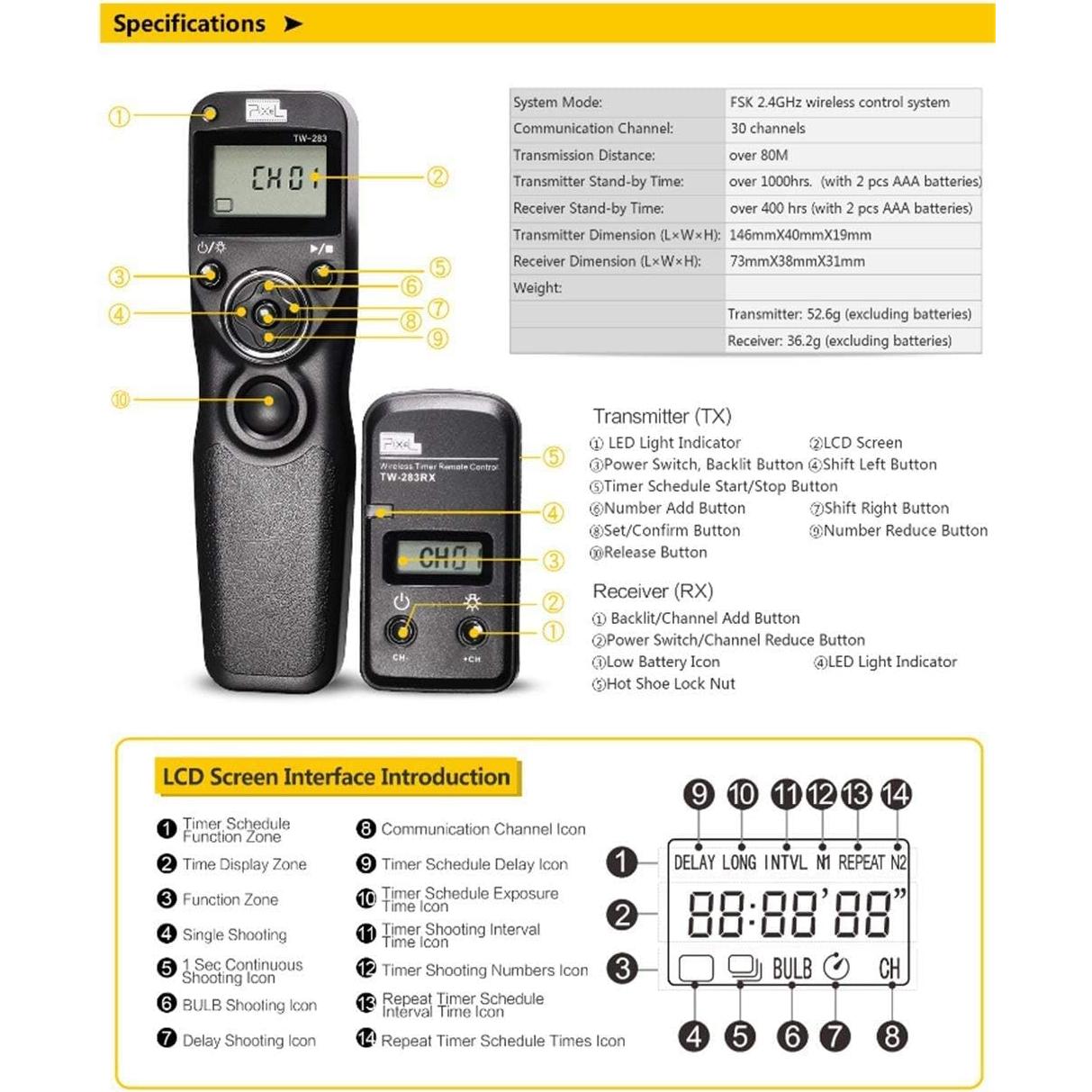 Control Remoto Inalámbrico Pixel TW-283 para Nikon con Temporizador