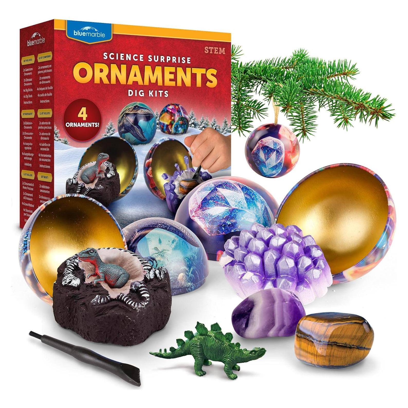 Kit de Adorno Navideño Blue Marble - 4 Excavaciones de Gemas y Dinosaurios